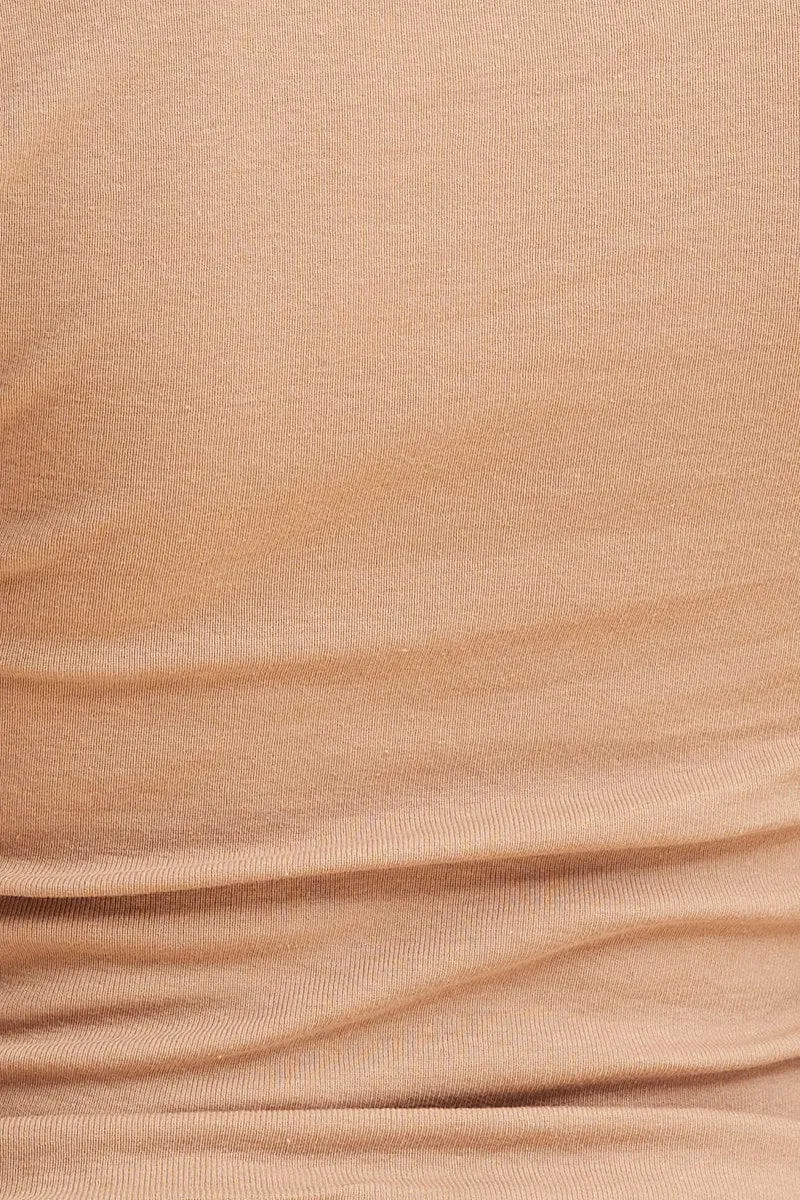 Beige Rib T-Shirt Scoop Neck Long Sleeve
