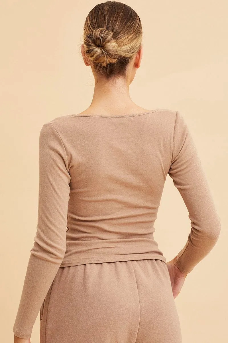 Beige Rib T-Shirt Scoop Neck Long Sleeve