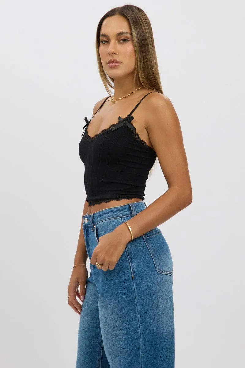 Black Cami Top Ribbon Lace Neck