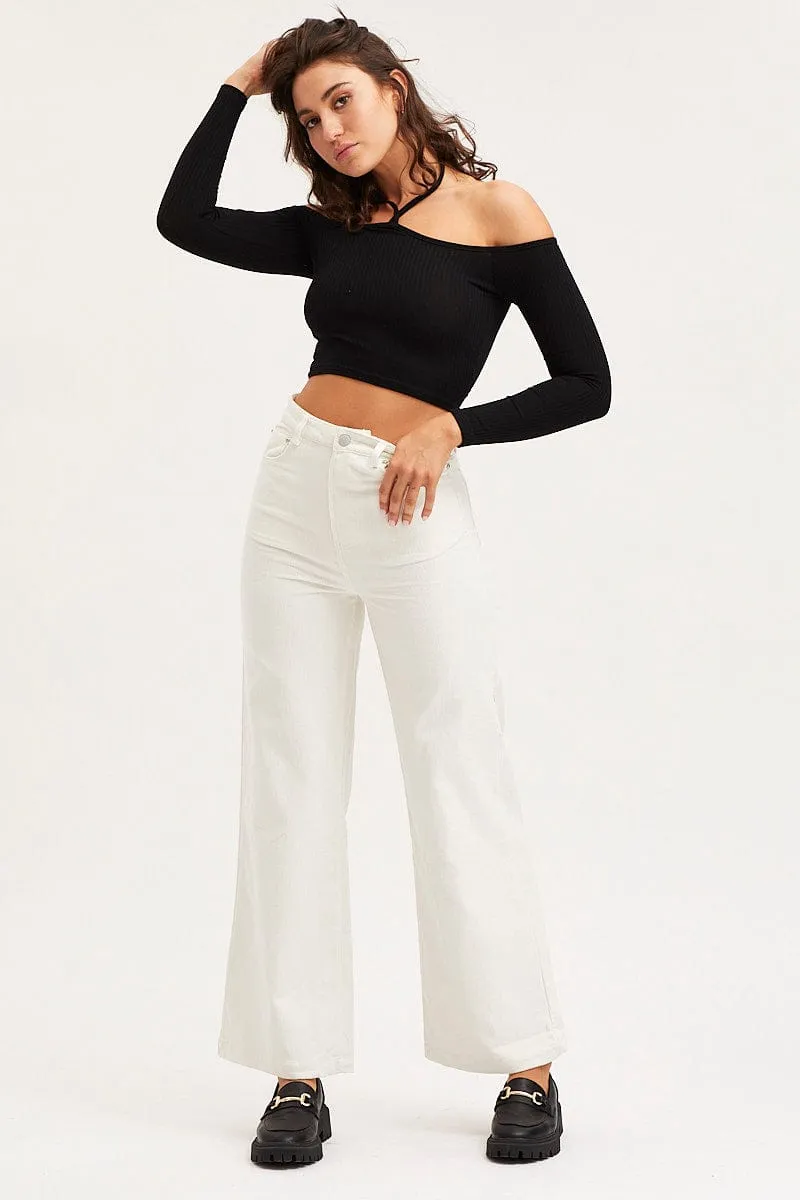 Black Jersey Crop Top Long Sleeve Halter Neck