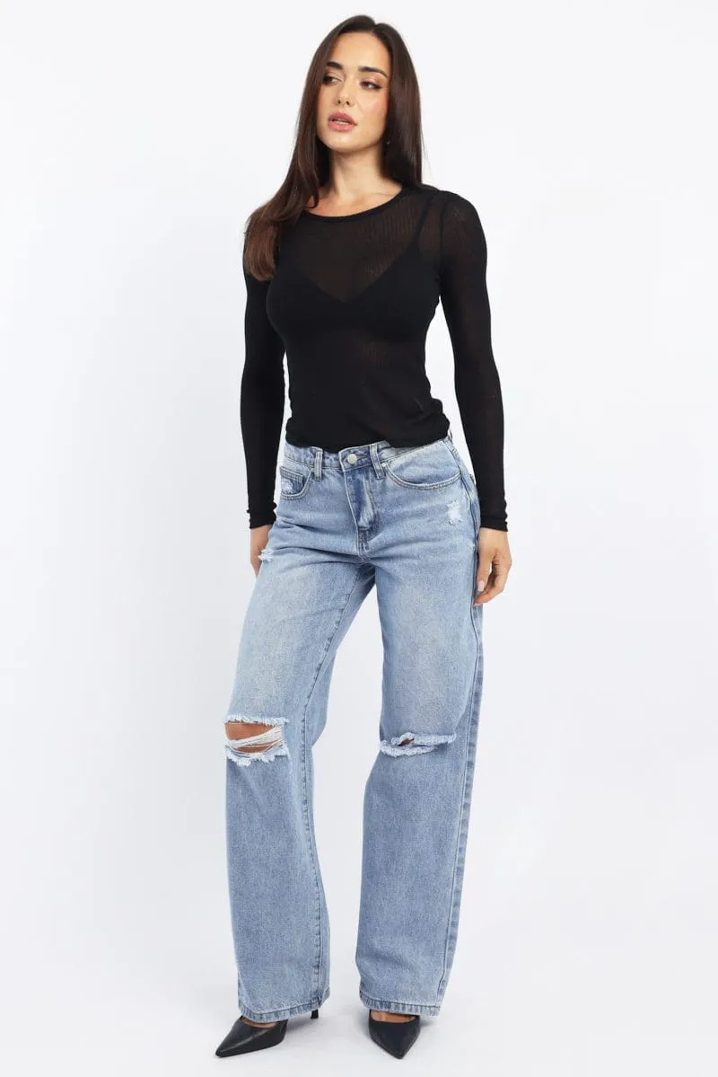 Black Sheer Top Long Sleeve Round Neck