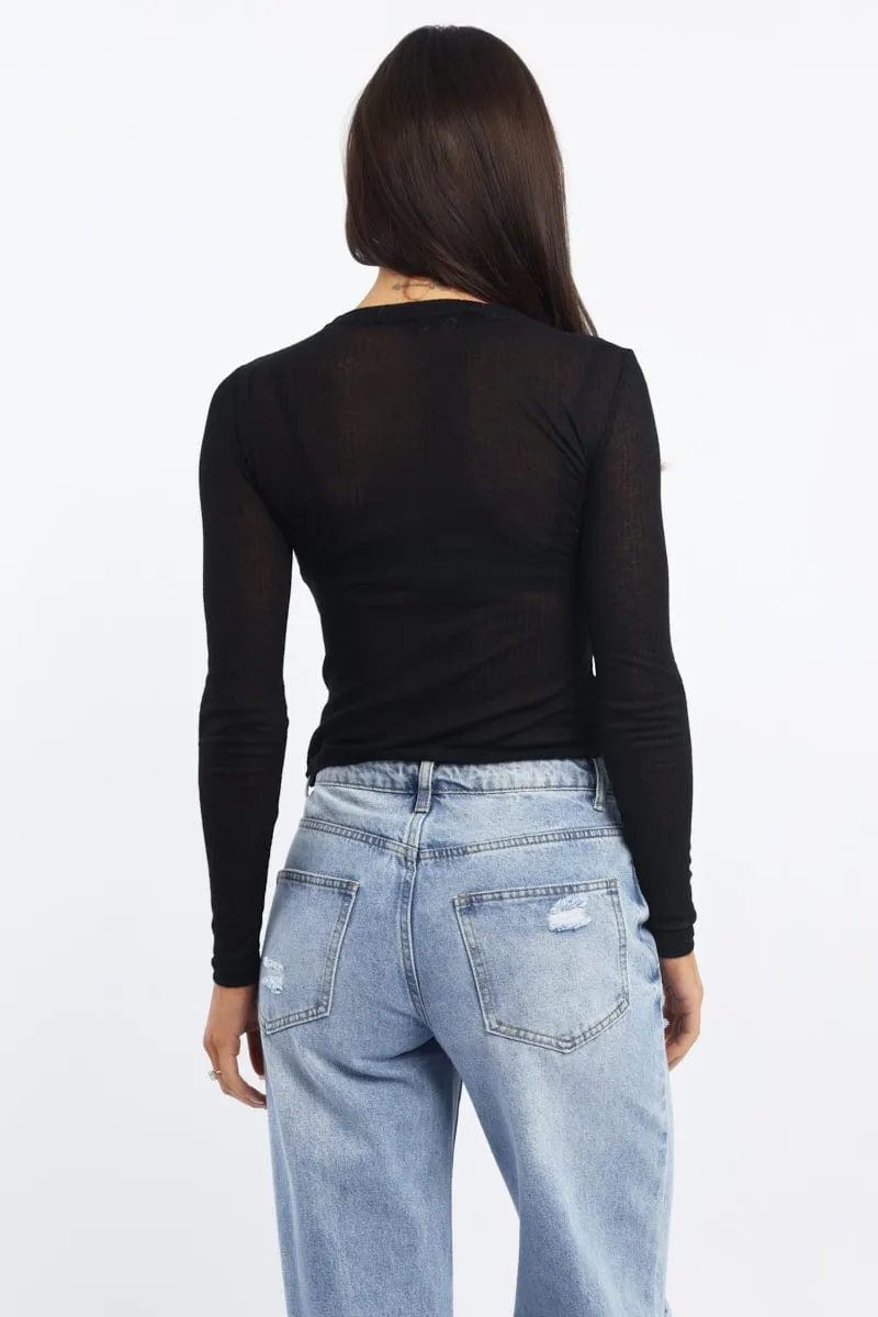Black Sheer Top Long Sleeve Round Neck