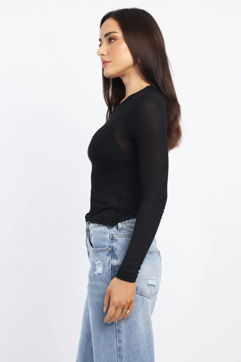 Black Sheer Top Long Sleeve Round Neck