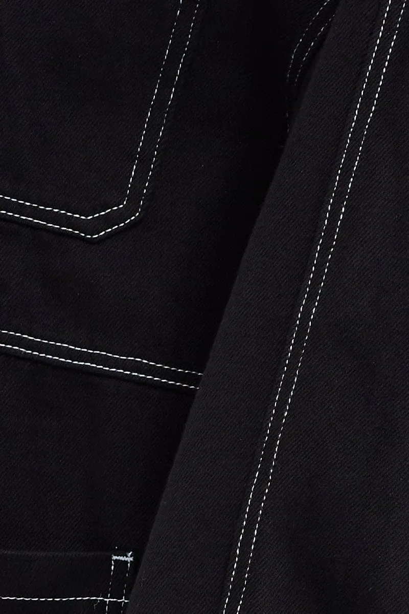 Black Shirt Long Sleeves Collared Contrast Stitch Denim