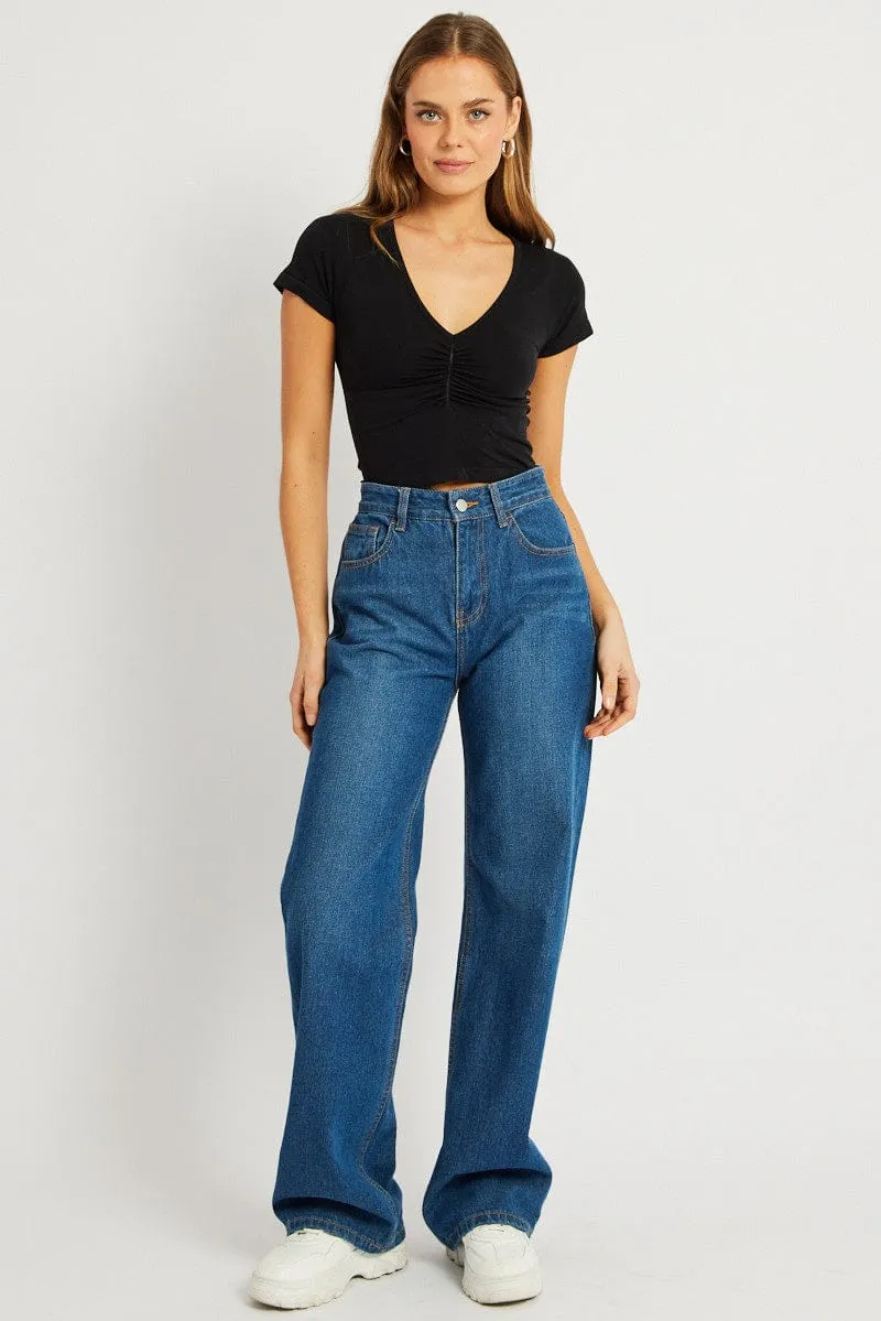 Black T shirt Short Sleeve V Neck Seamless