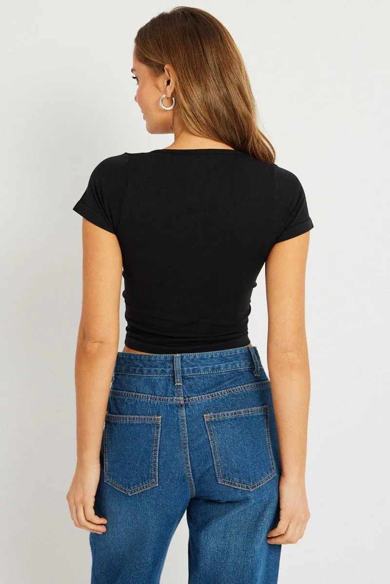 Black T shirt Short Sleeve V Neck Seamless