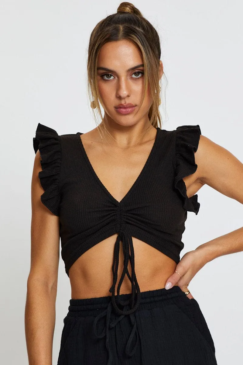 Black Top Flutter Sleeve Ruche