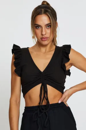 Black Top Flutter Sleeve Ruche