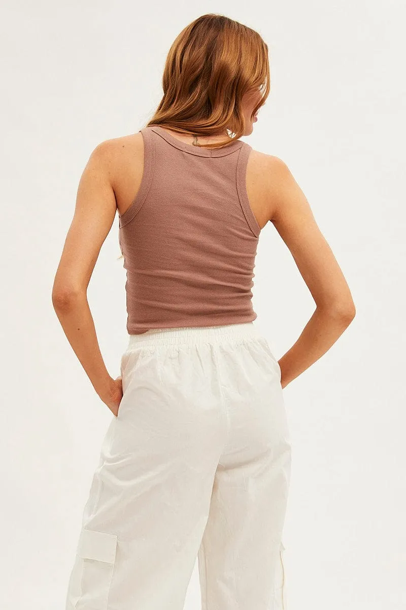 Brown Nashville Embroidered Crop Singlet Top