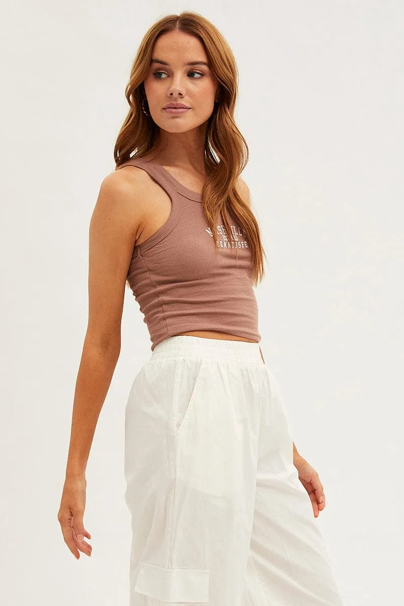 Brown Nashville Embroidered Crop Singlet Top