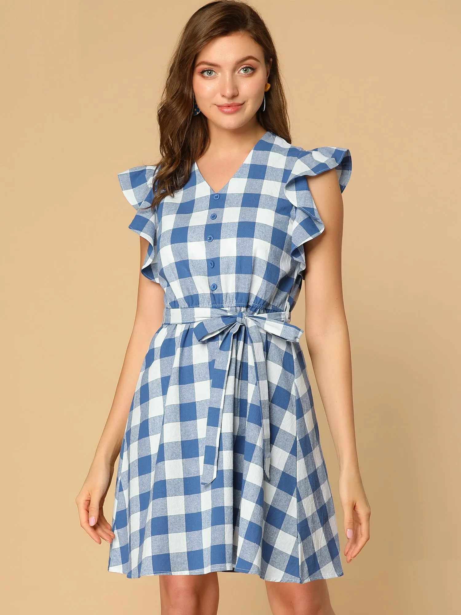 Casual Plaids Ruffled Sleeve A-Line Gingham Check Dress
