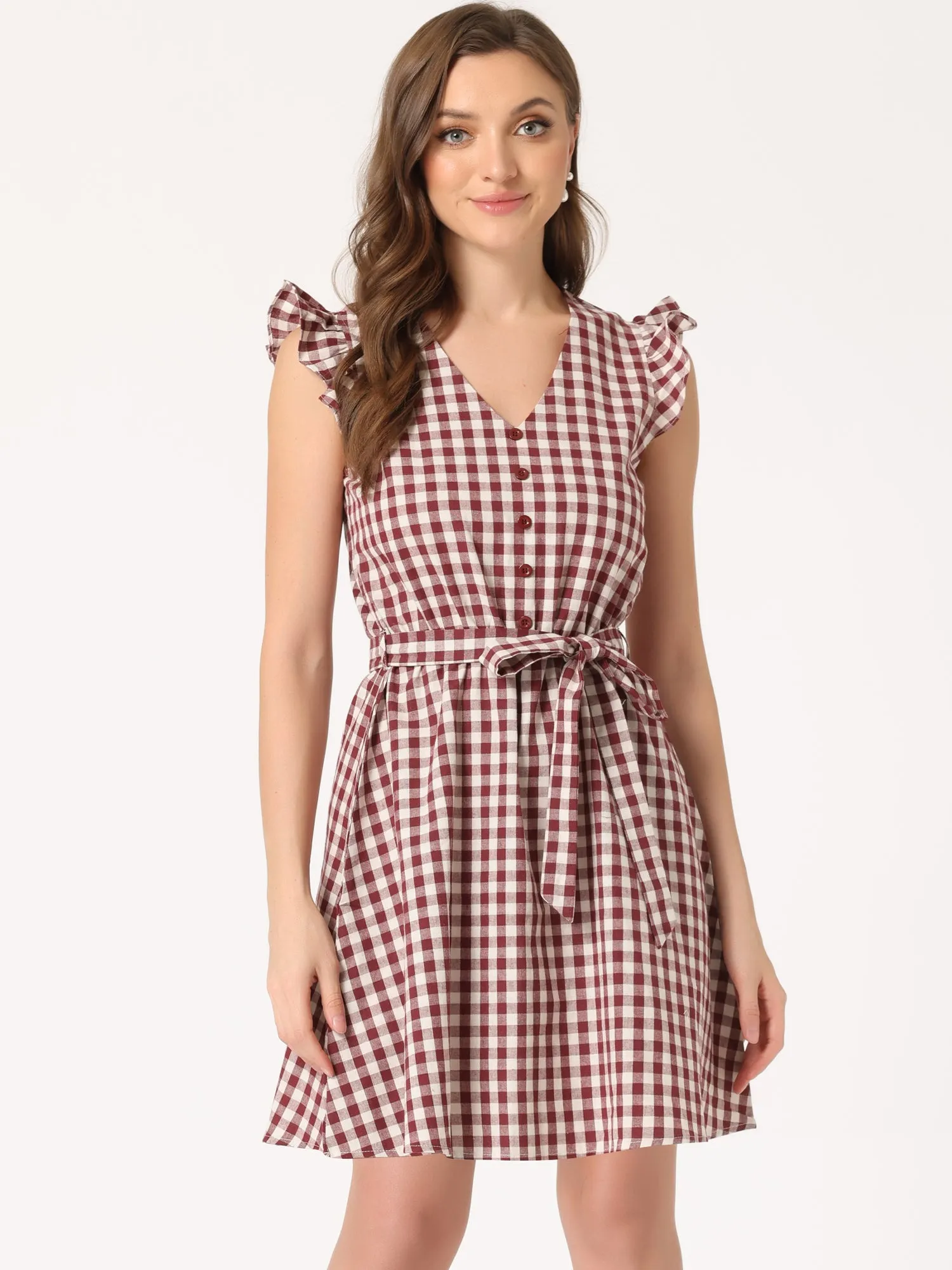 Casual Plaids Ruffled Sleeve A-Line Gingham Check Dress