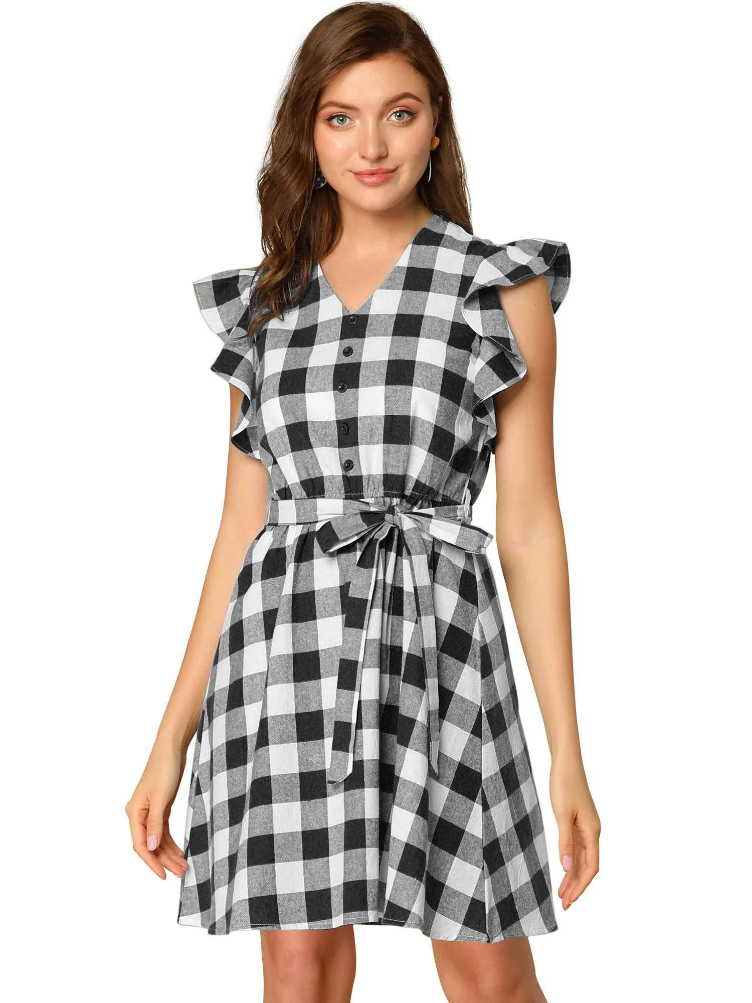 Casual Plaids Ruffled Sleeve A-Line Gingham Check Dress
