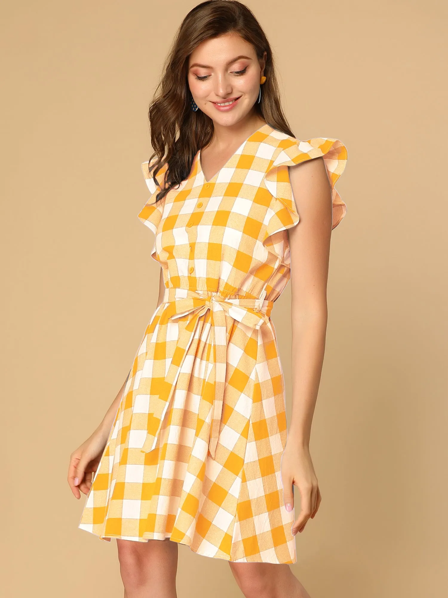 Casual Plaids Ruffled Sleeve A-Line Gingham Check Dress