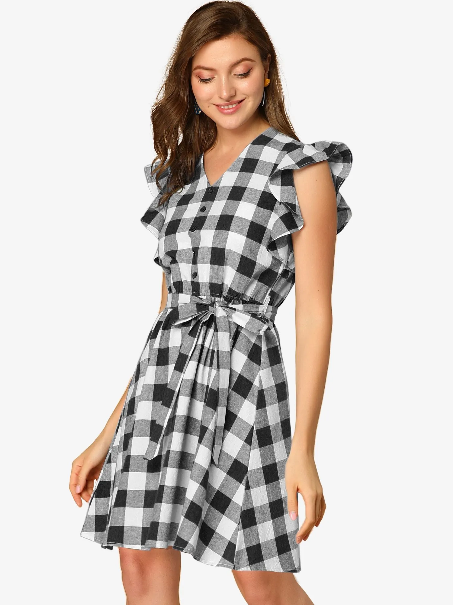 Casual Plaids Ruffled Sleeve A-Line Gingham Check Dress