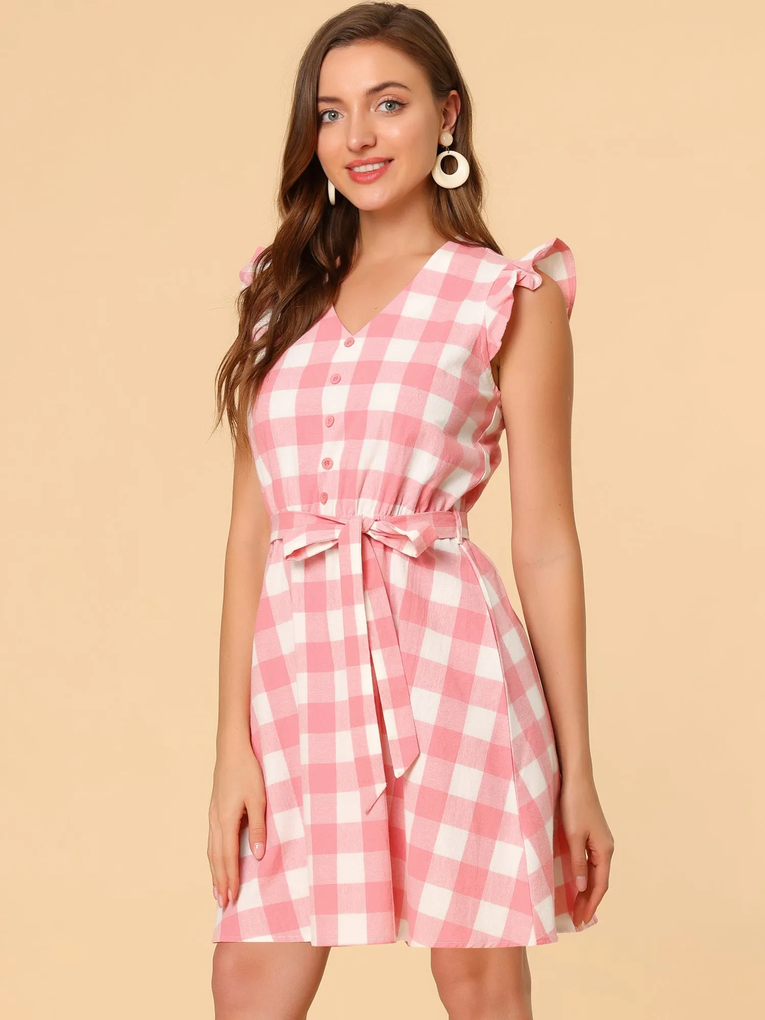 Casual Plaids Ruffled Sleeve A-Line Gingham Check Dress