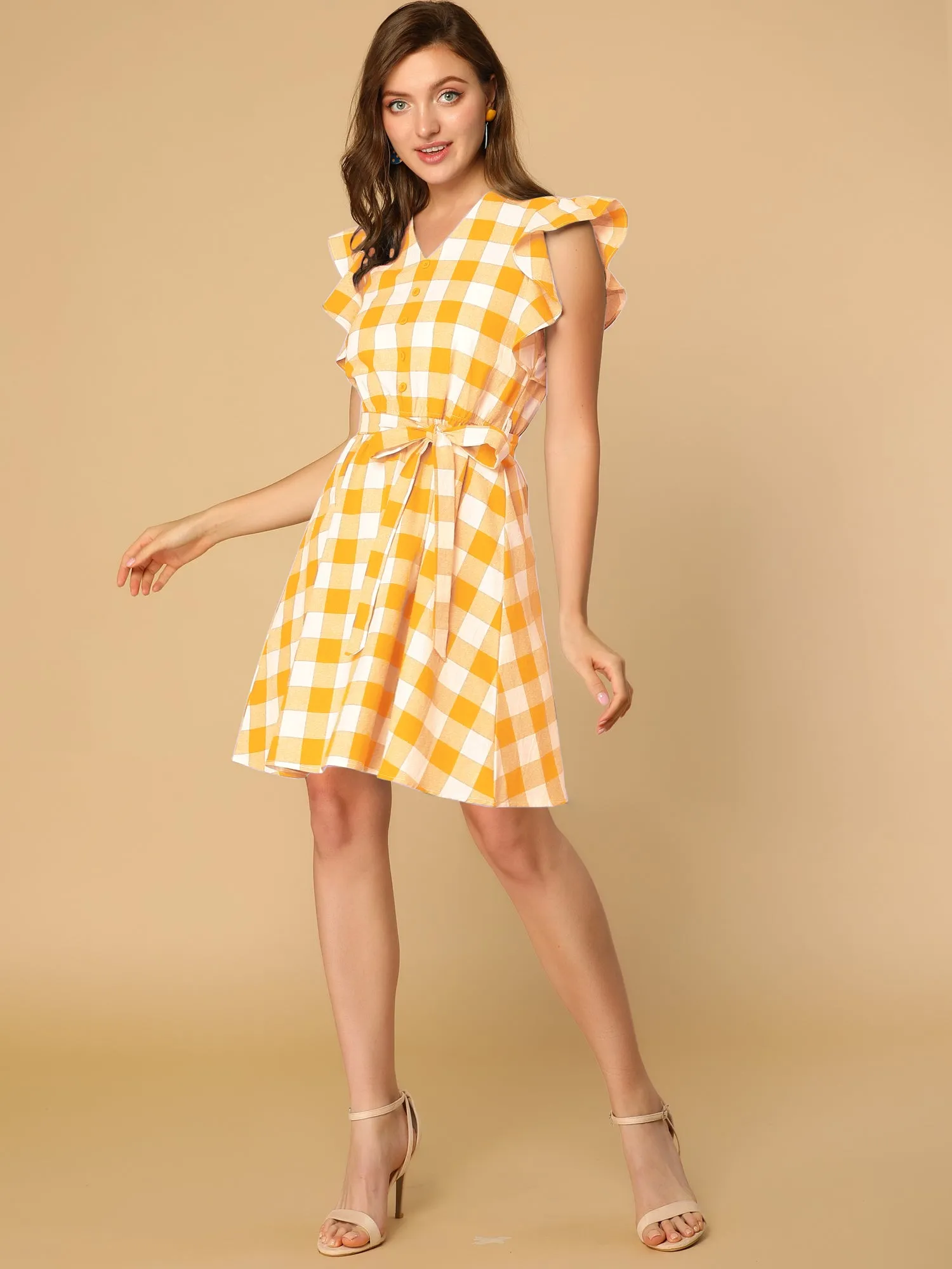 Casual Plaids Ruffled Sleeve A-Line Gingham Check Dress