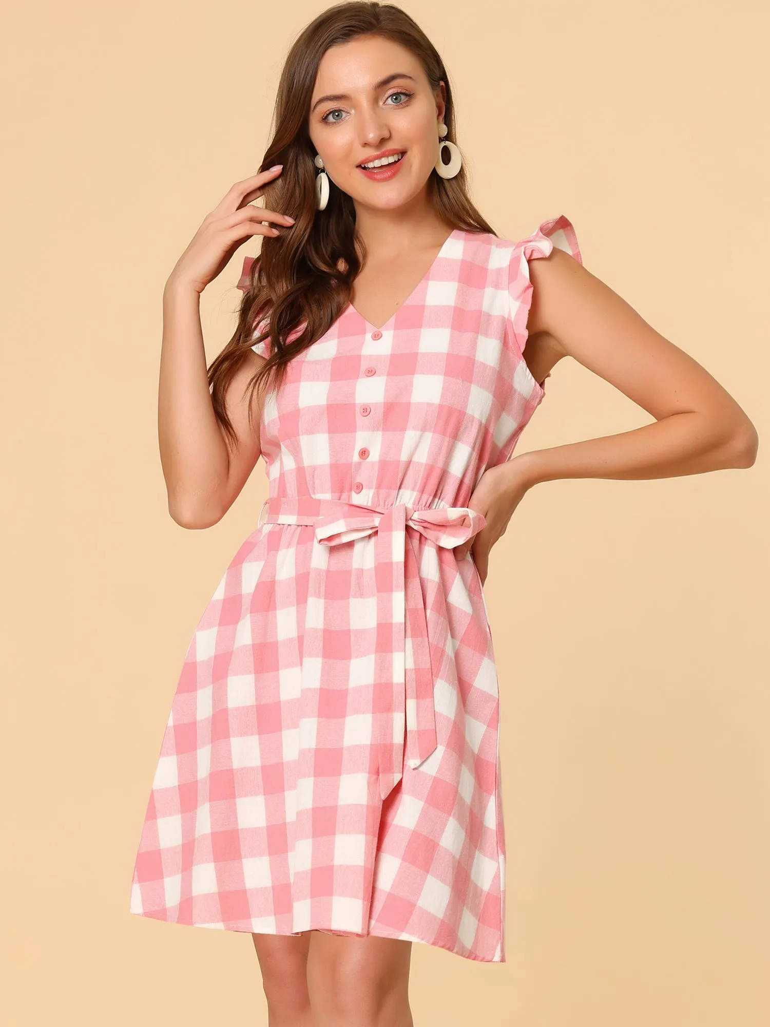 Casual Plaids Ruffled Sleeve A-Line Gingham Check Dress