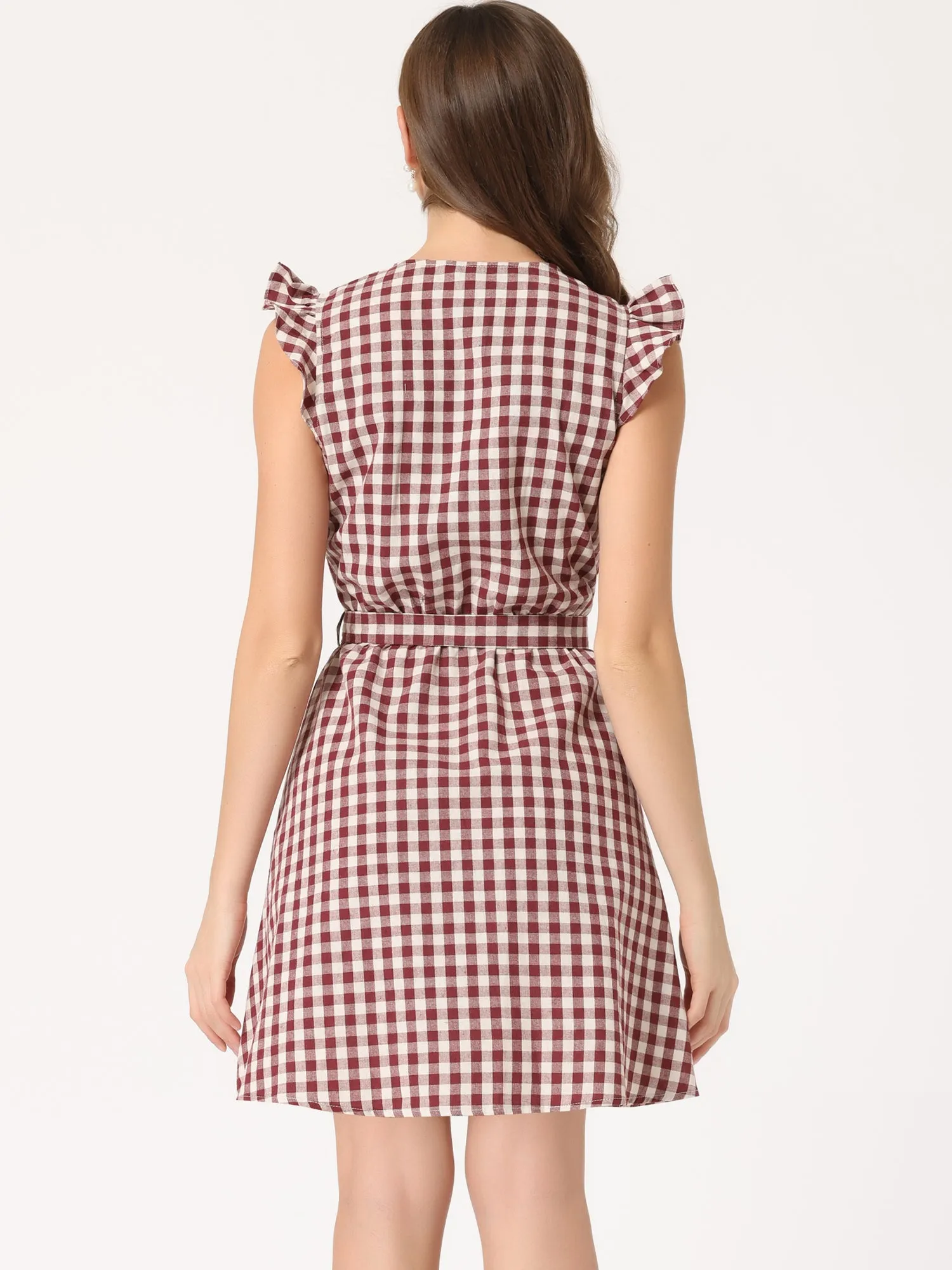 Casual Plaids Ruffled Sleeve A-Line Gingham Check Dress