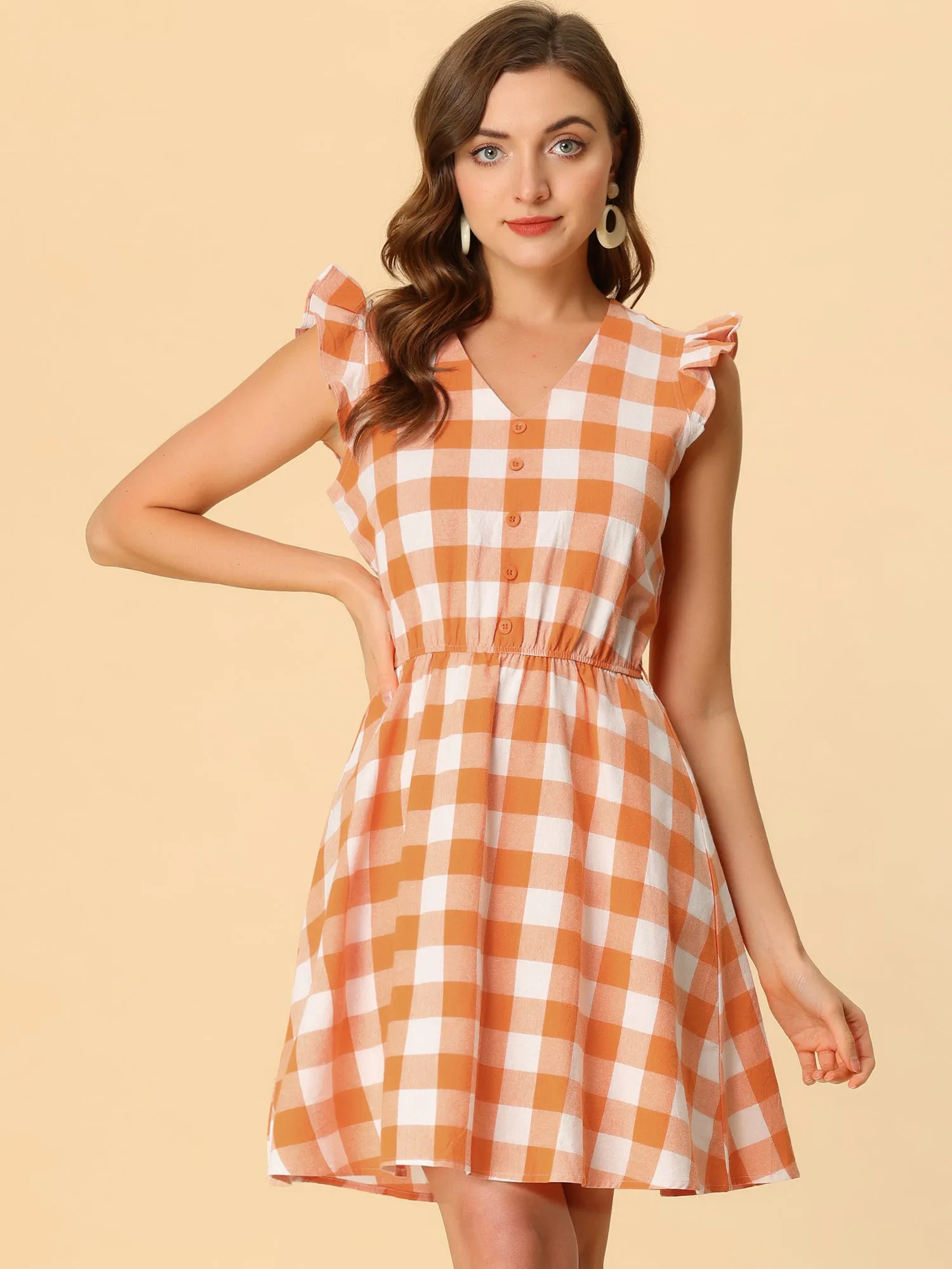 Casual Plaids Ruffled Sleeve A-Line Gingham Check Dress