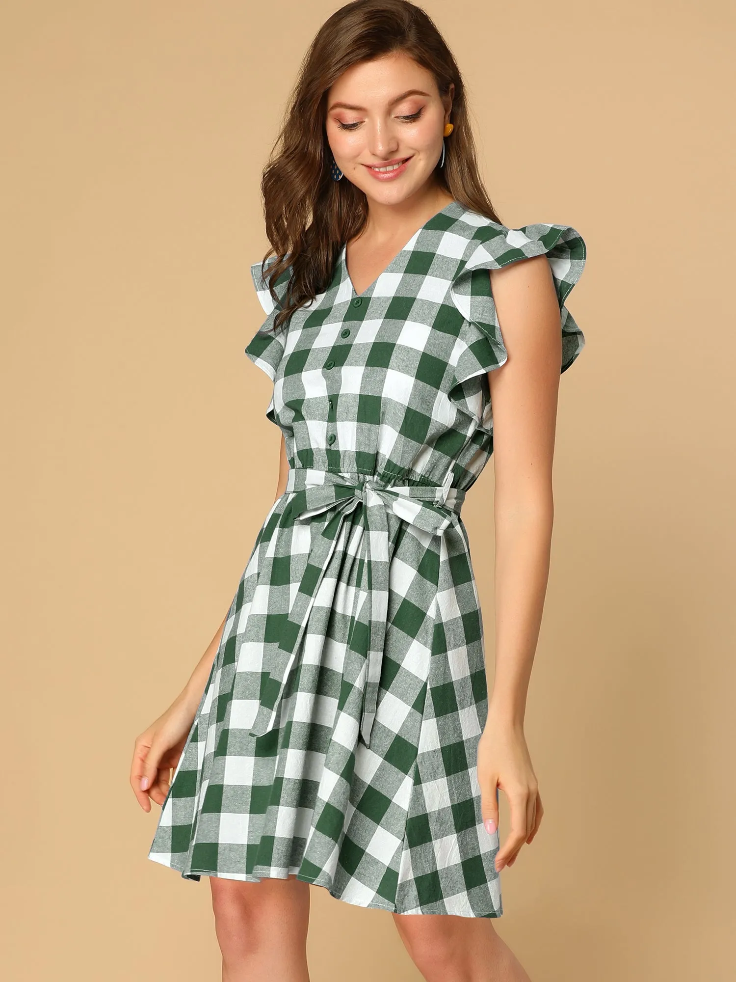 Casual Plaids Ruffled Sleeve A-Line Gingham Check Dress