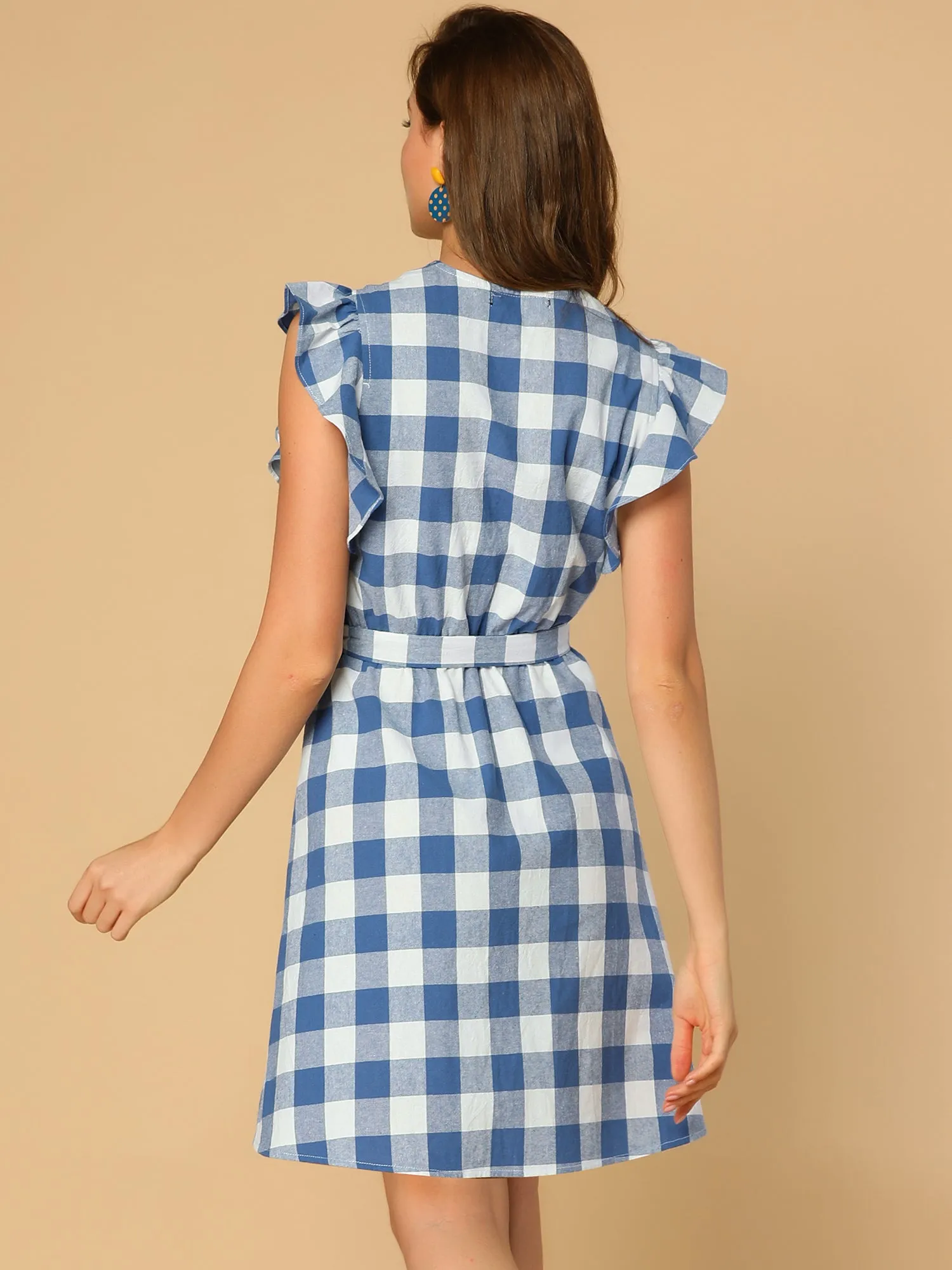 Casual Plaids Ruffled Sleeve A-Line Gingham Check Dress