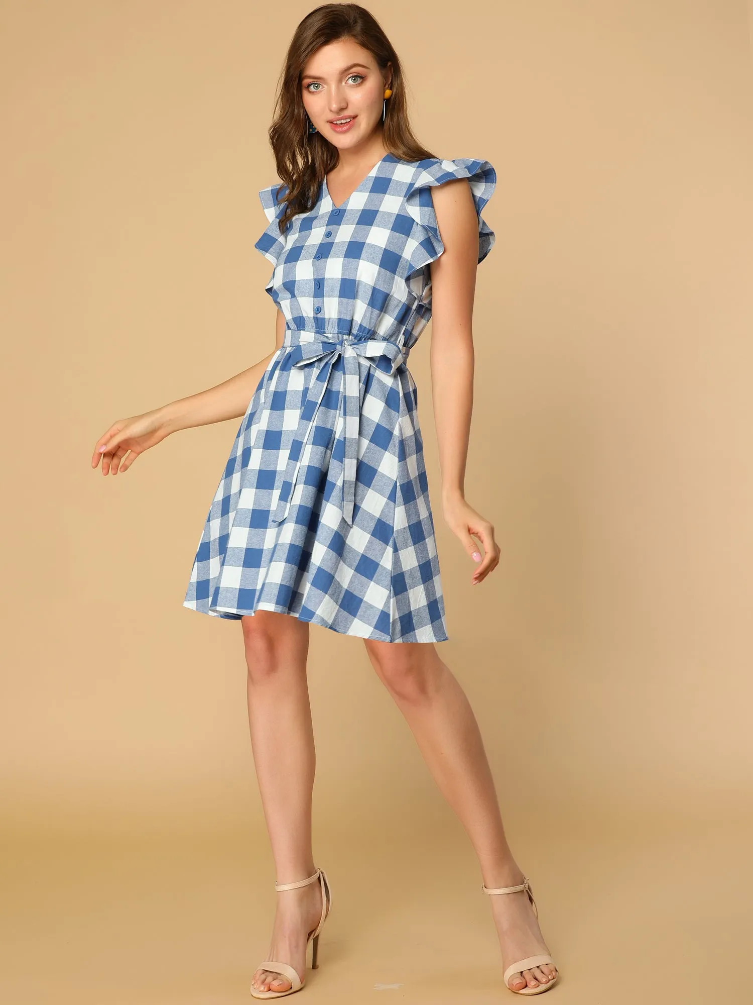 Casual Plaids Ruffled Sleeve A-Line Gingham Check Dress