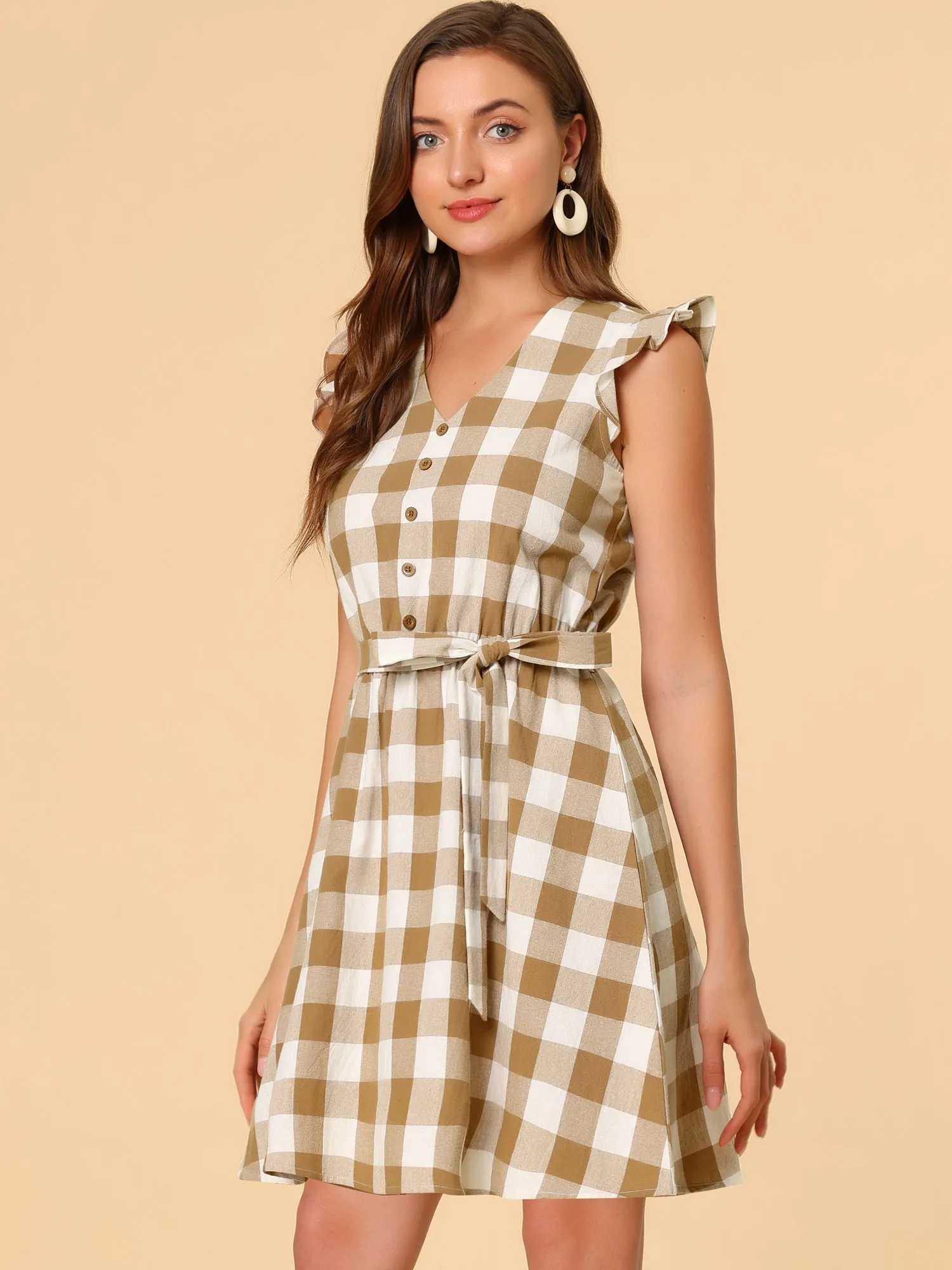 Casual Plaids Ruffled Sleeve A-Line Gingham Check Dress