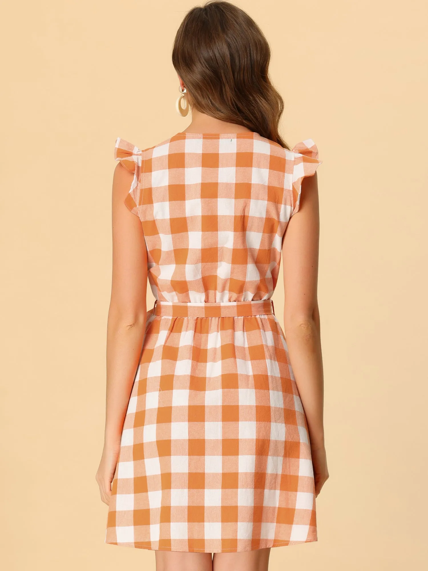 Casual Plaids Ruffled Sleeve A-Line Gingham Check Dress