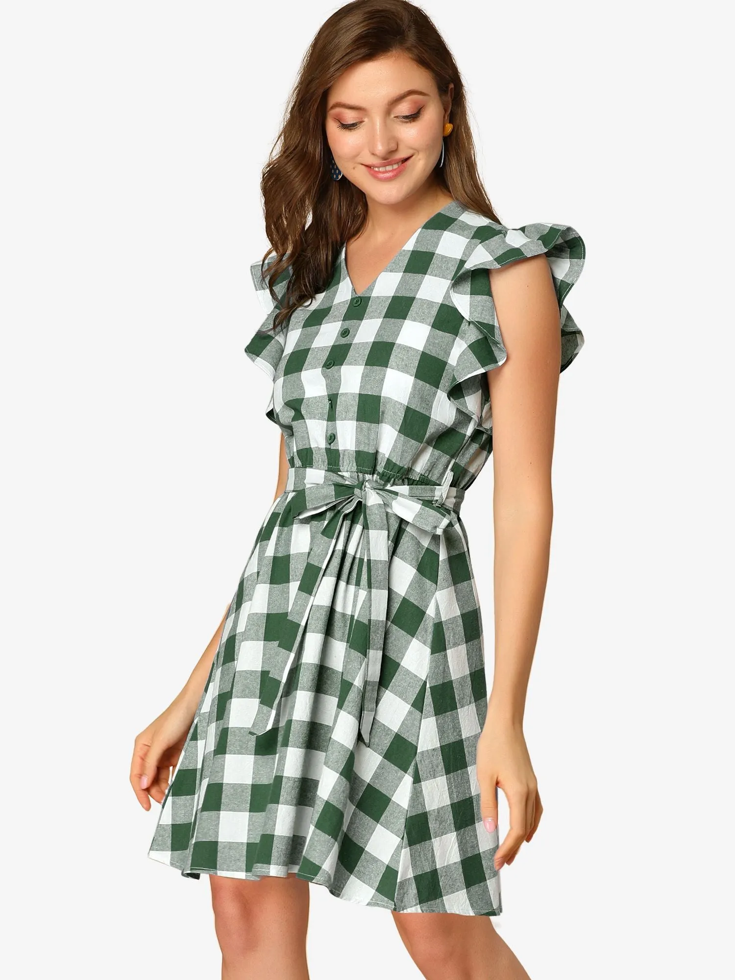 Casual Plaids Ruffled Sleeve A-Line Gingham Check Dress