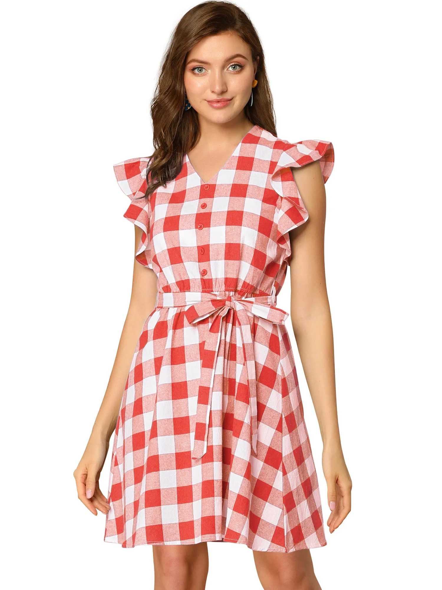Casual Plaids Ruffled Sleeve A-Line Gingham Check Dress