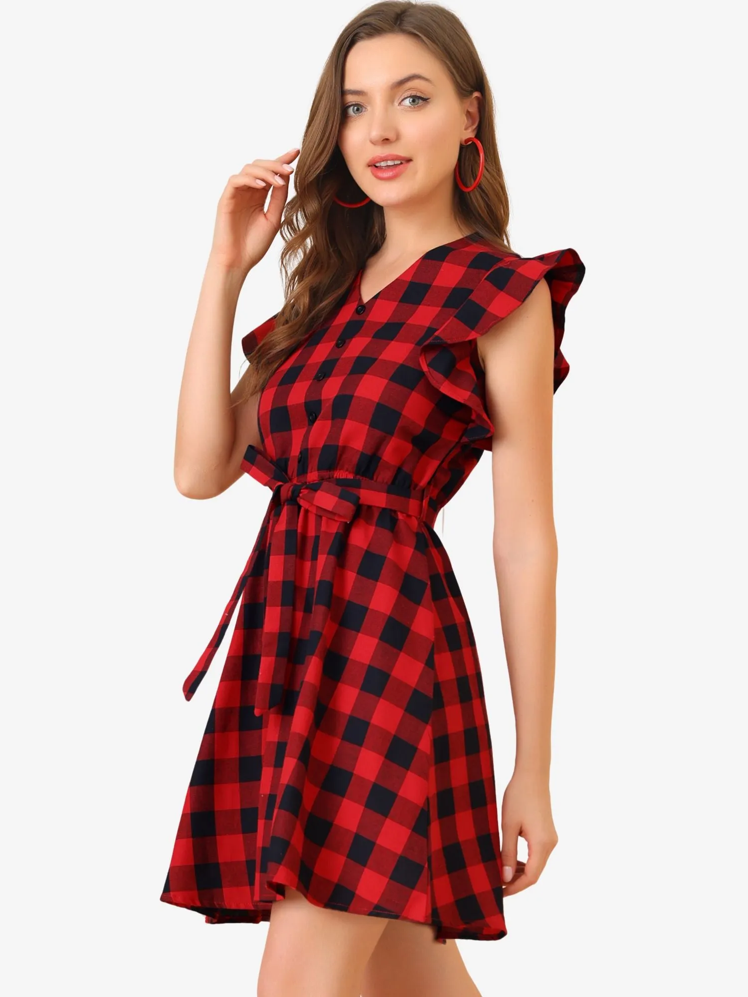 Casual Plaids Ruffled Sleeve A-Line Gingham Check Dress