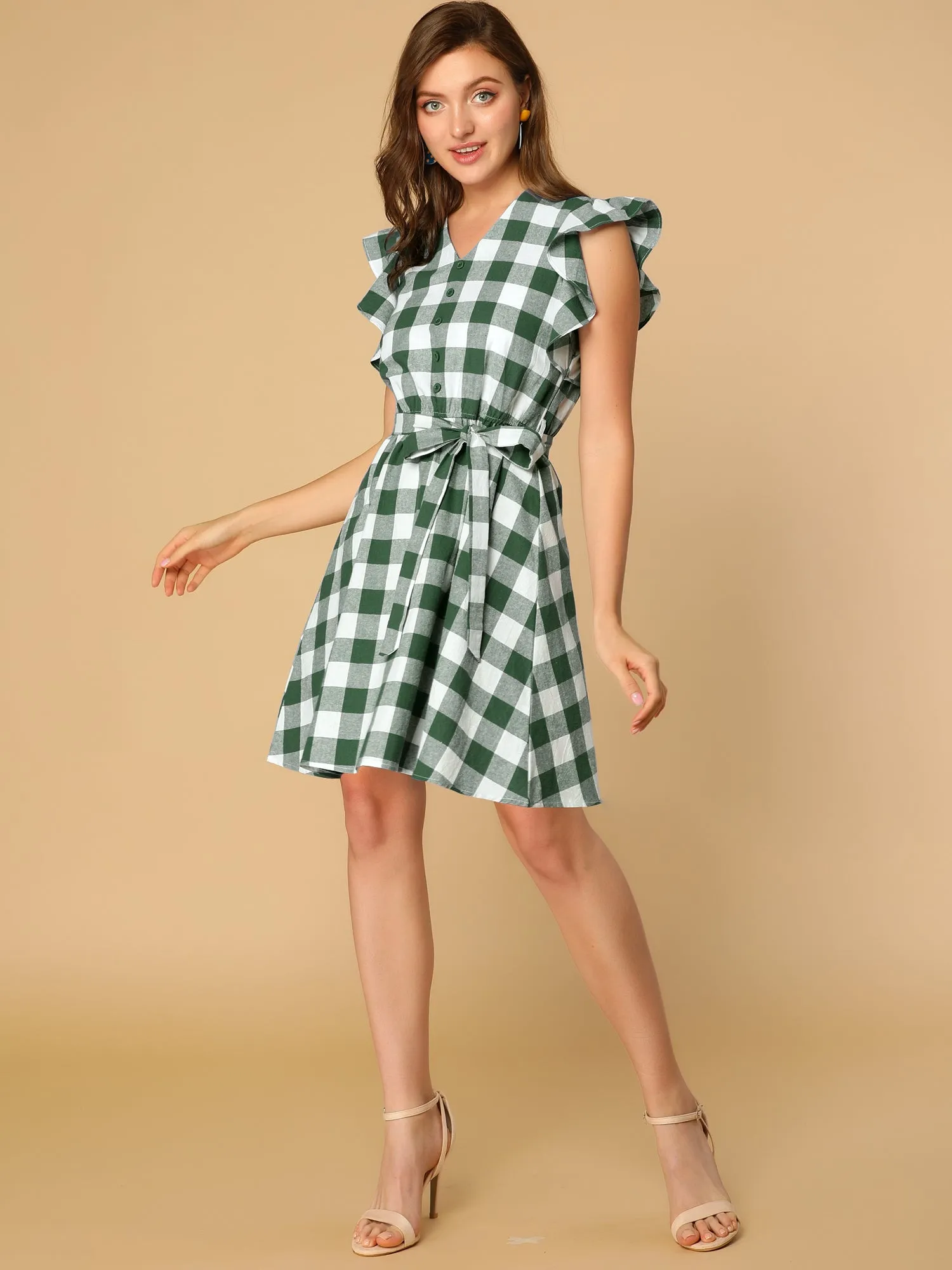 Casual Plaids Ruffled Sleeve A-Line Gingham Check Dress
