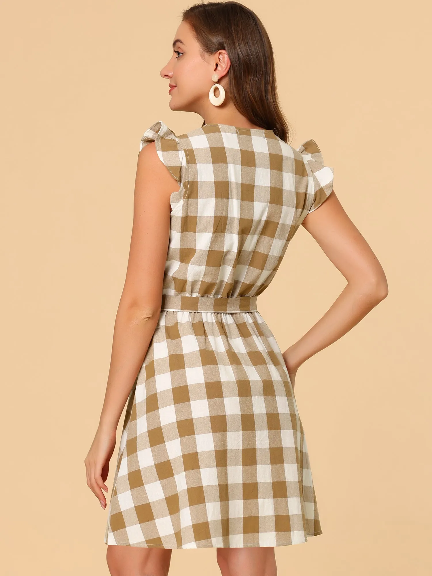 Casual Plaids Ruffled Sleeve A-Line Gingham Check Dress