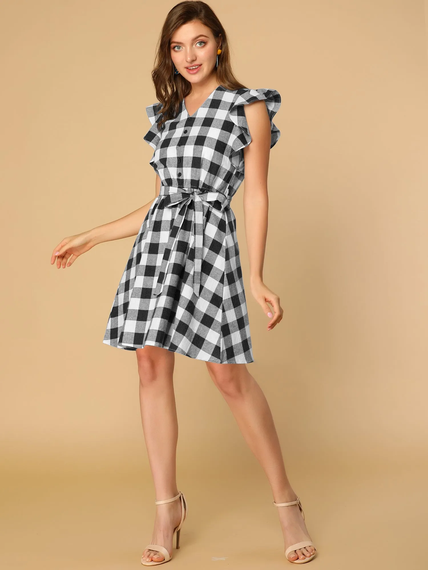 Casual Plaids Ruffled Sleeve A-Line Gingham Check Dress