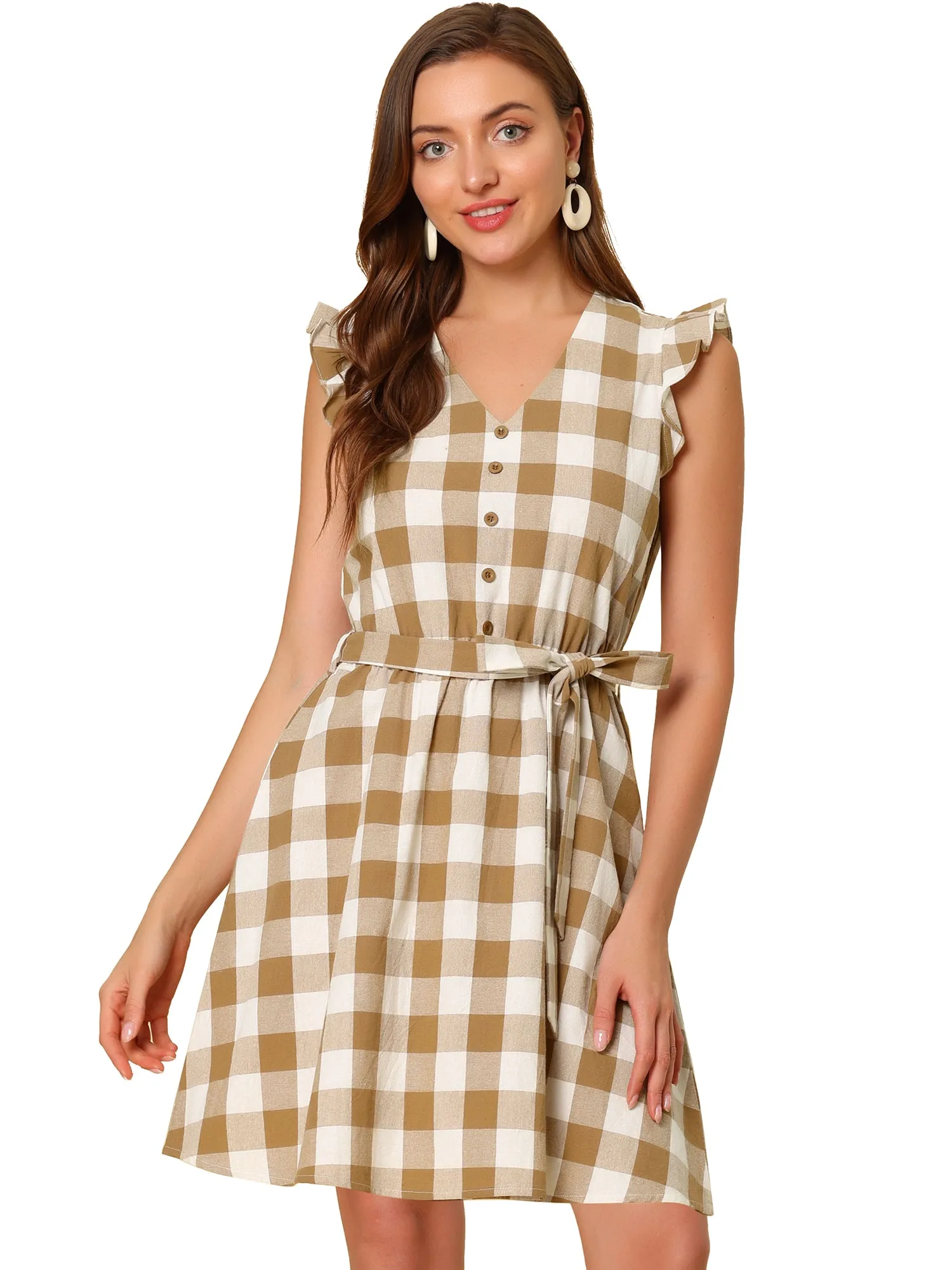 Casual Plaids Ruffled Sleeve A-Line Gingham Check Dress