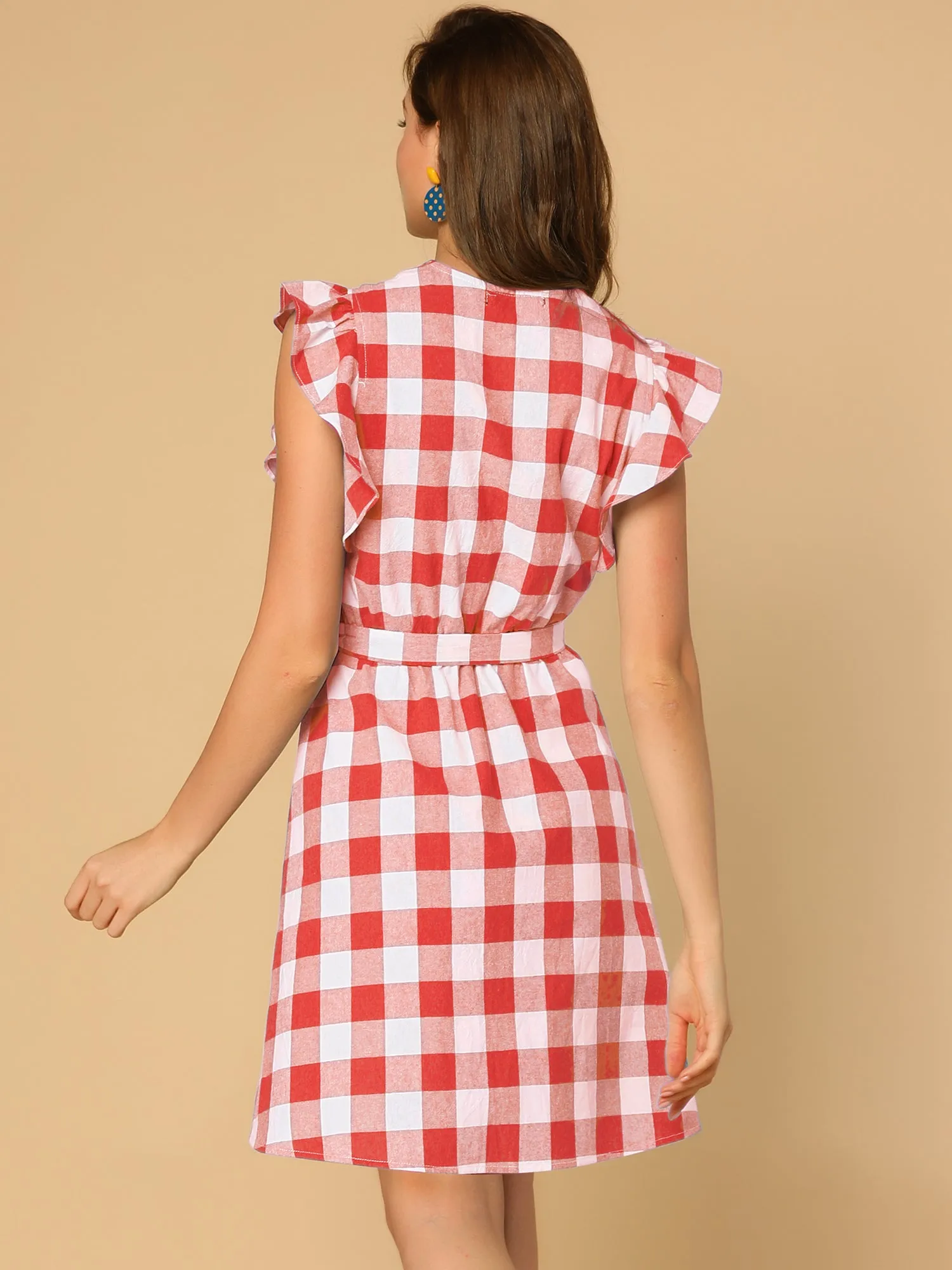 Casual Plaids Ruffled Sleeve A-Line Gingham Check Dress