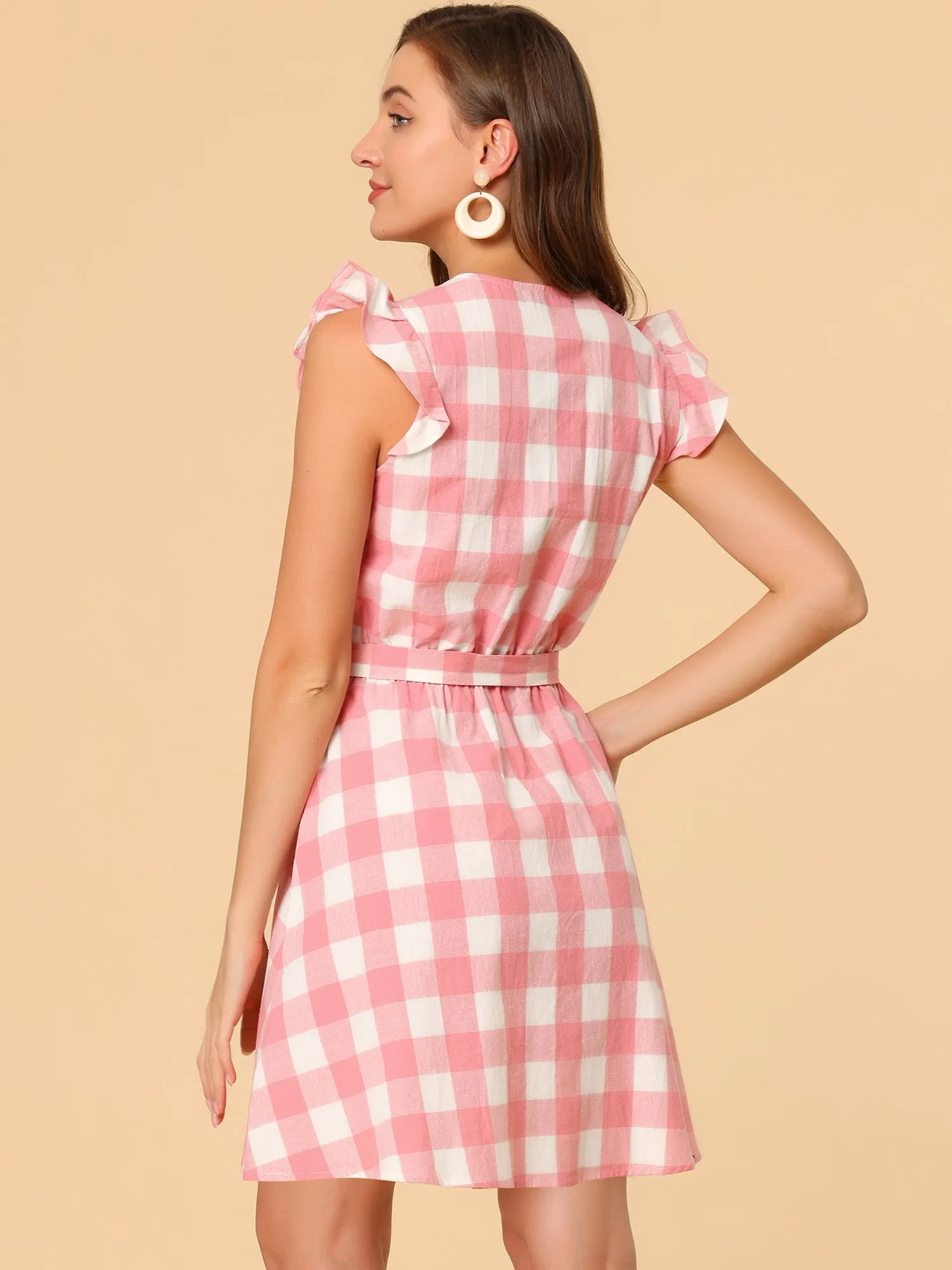 Casual Plaids Ruffled Sleeve A-Line Gingham Check Dress