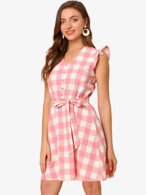 Casual Plaids Ruffled Sleeve A-Line Gingham Check Dress