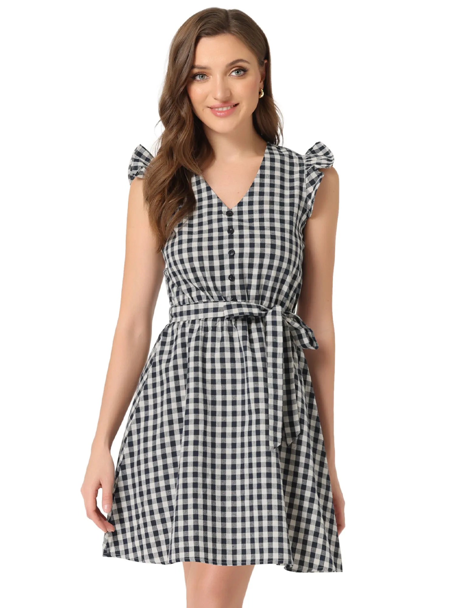 Casual Plaids Ruffled Sleeve A-Line Gingham Check Dress