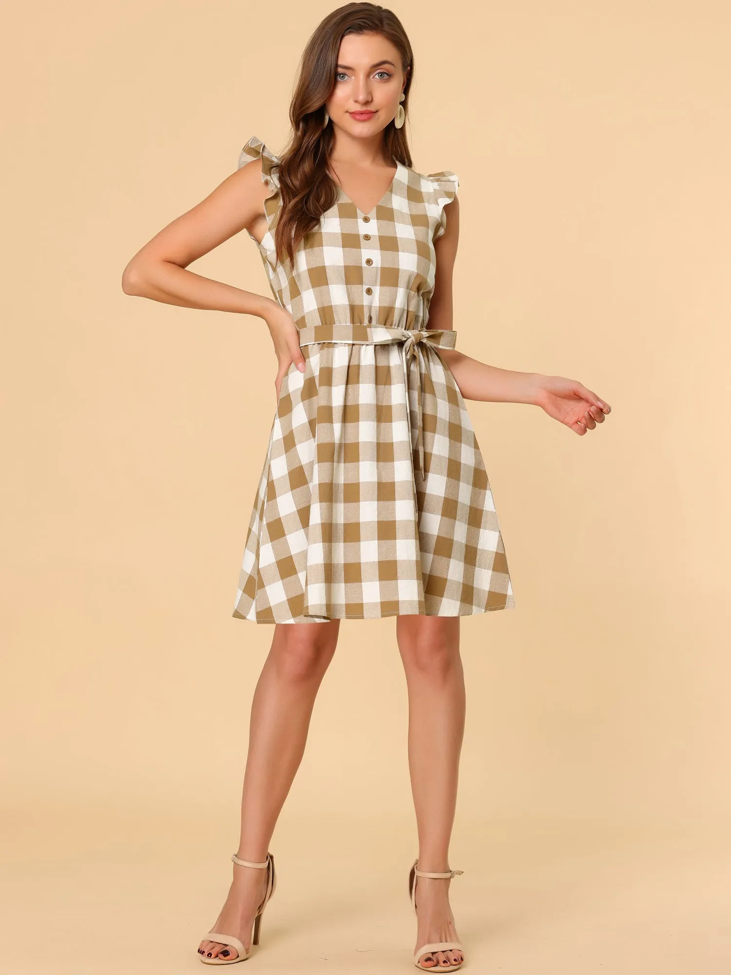Casual Plaids Ruffled Sleeve A-Line Gingham Check Dress