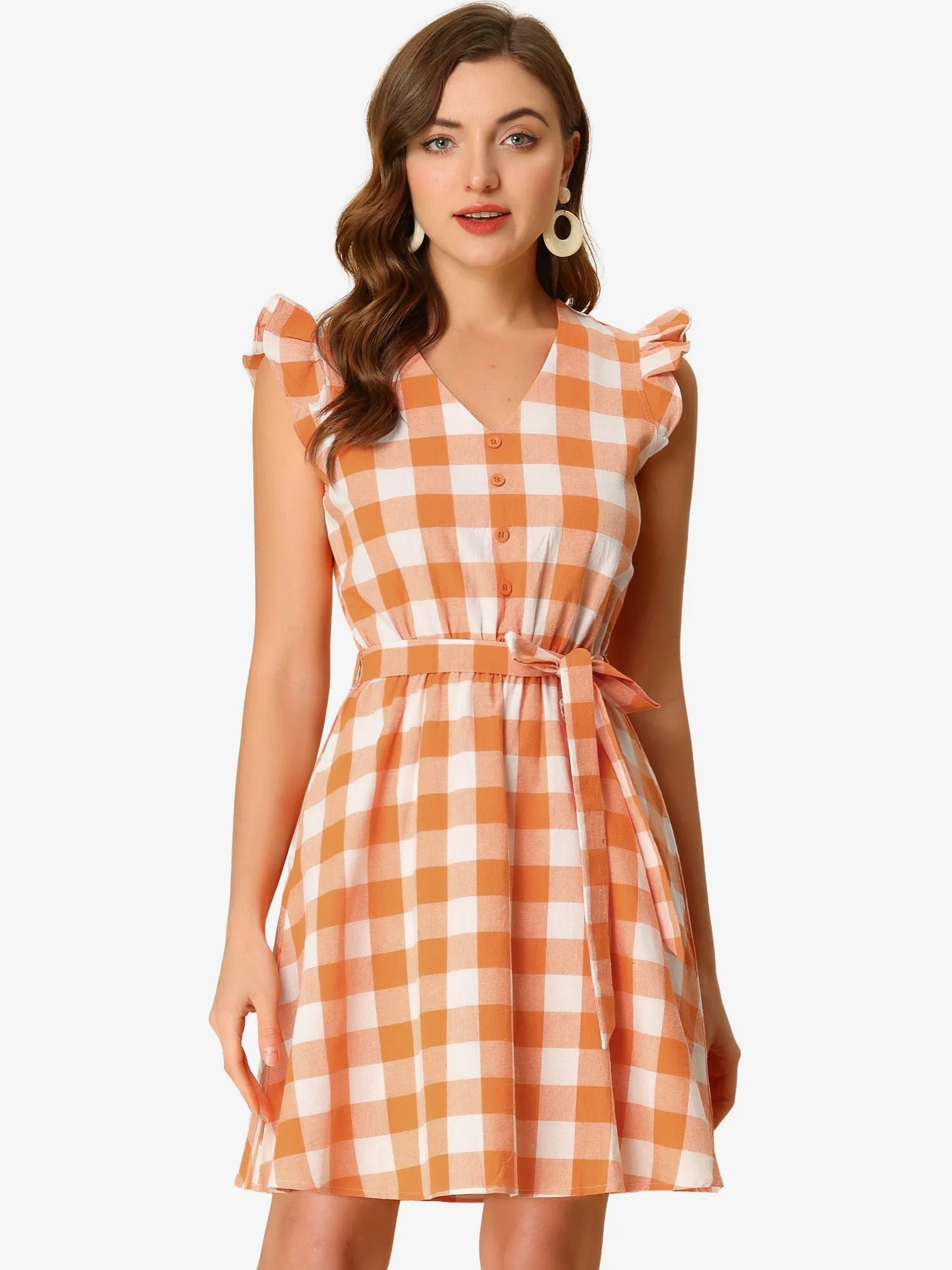Casual Plaids Ruffled Sleeve A-Line Gingham Check Dress
