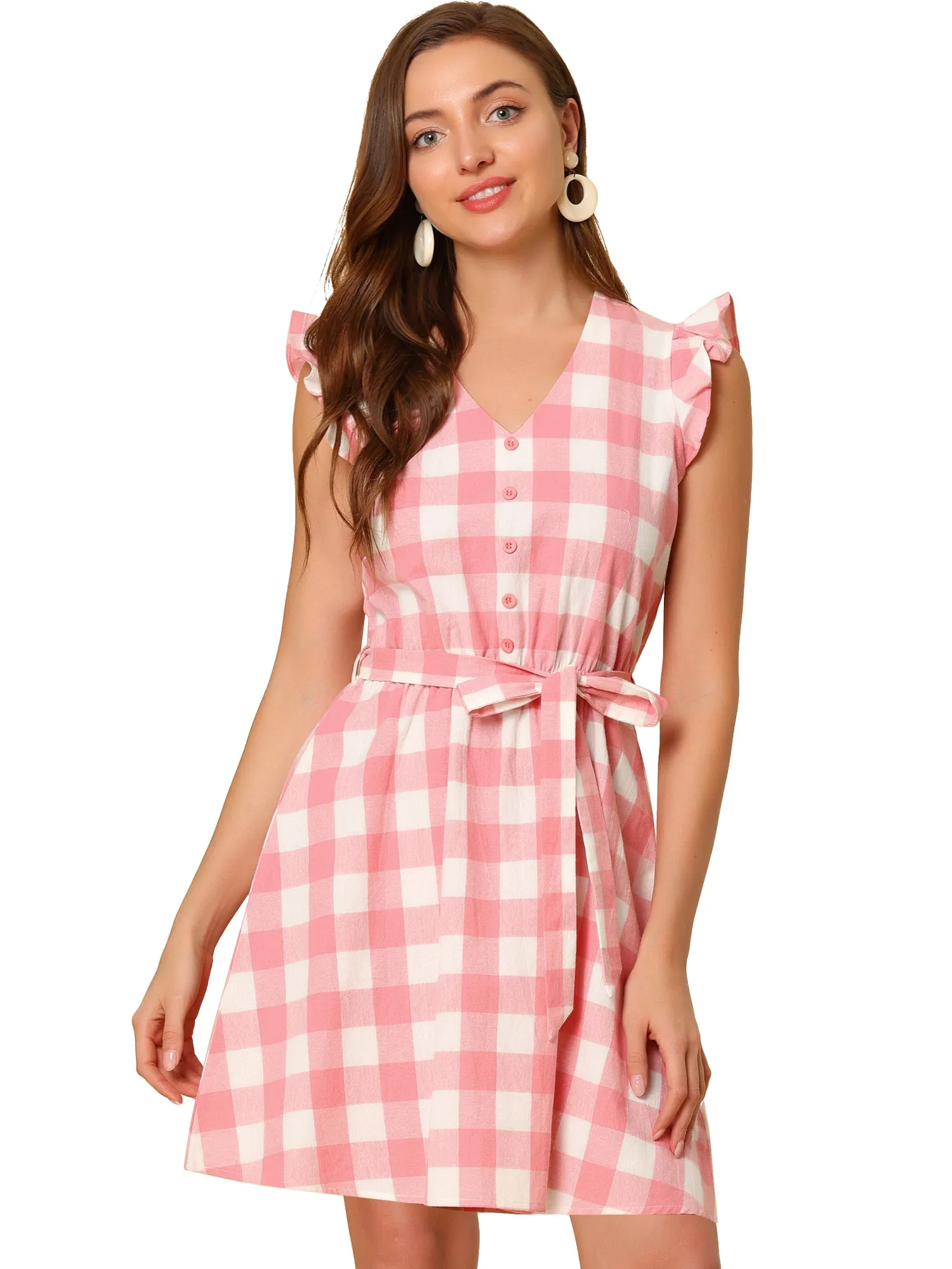 Casual Plaids Ruffled Sleeve A-Line Gingham Check Dress