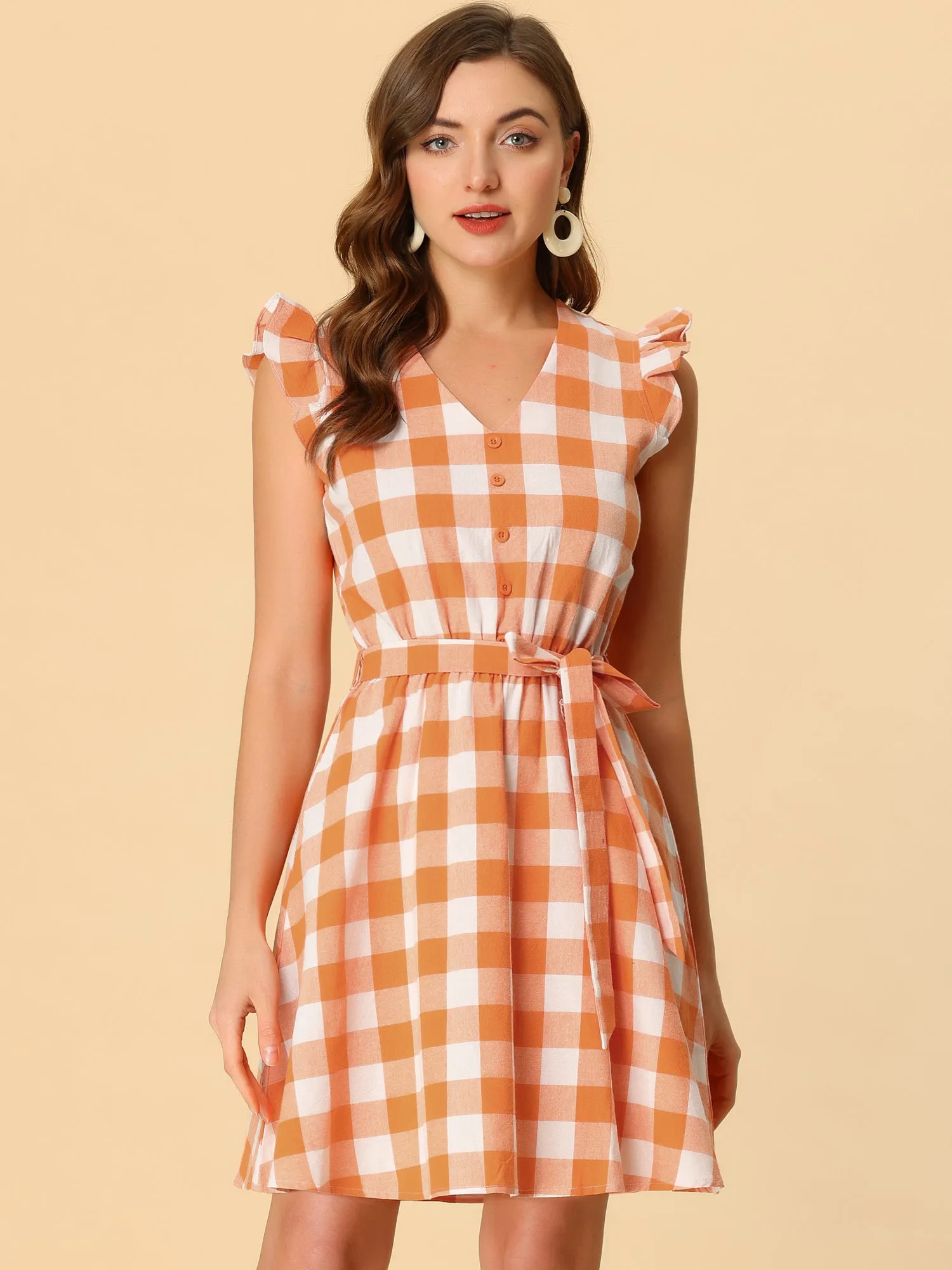 Casual Plaids Ruffled Sleeve A-Line Gingham Check Dress