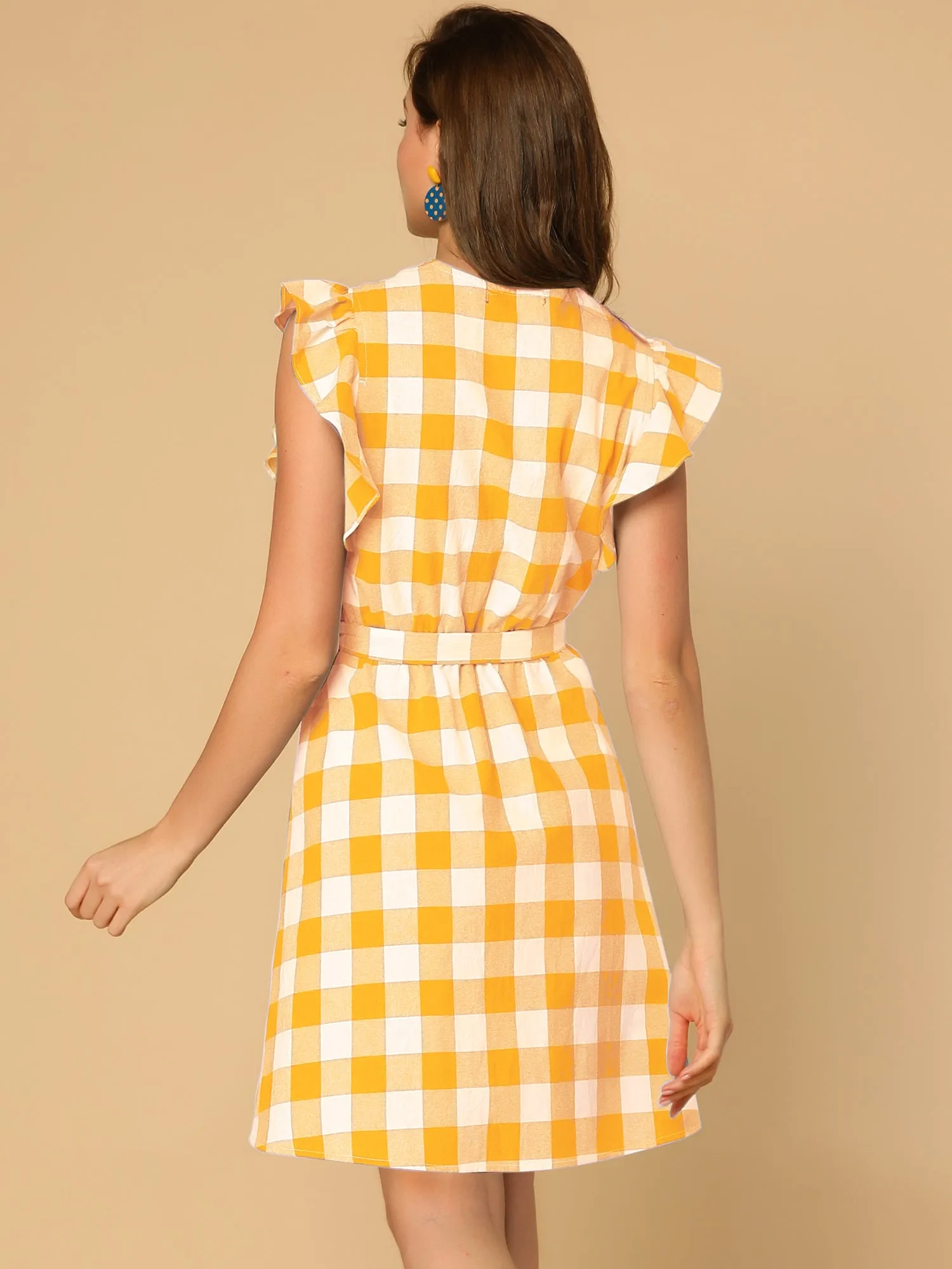 Casual Plaids Ruffled Sleeve A-Line Gingham Check Dress