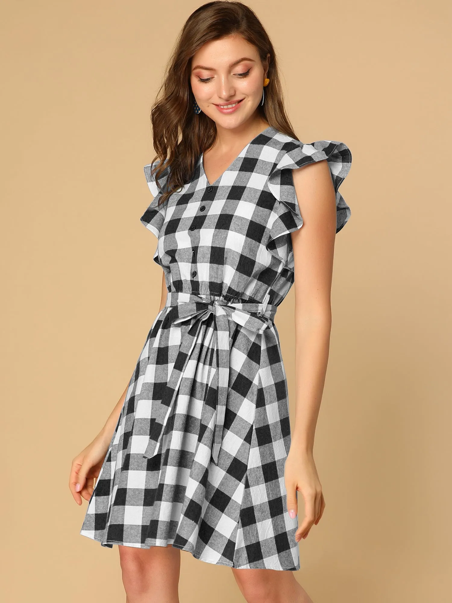 Casual Plaids Ruffled Sleeve A-Line Gingham Check Dress
