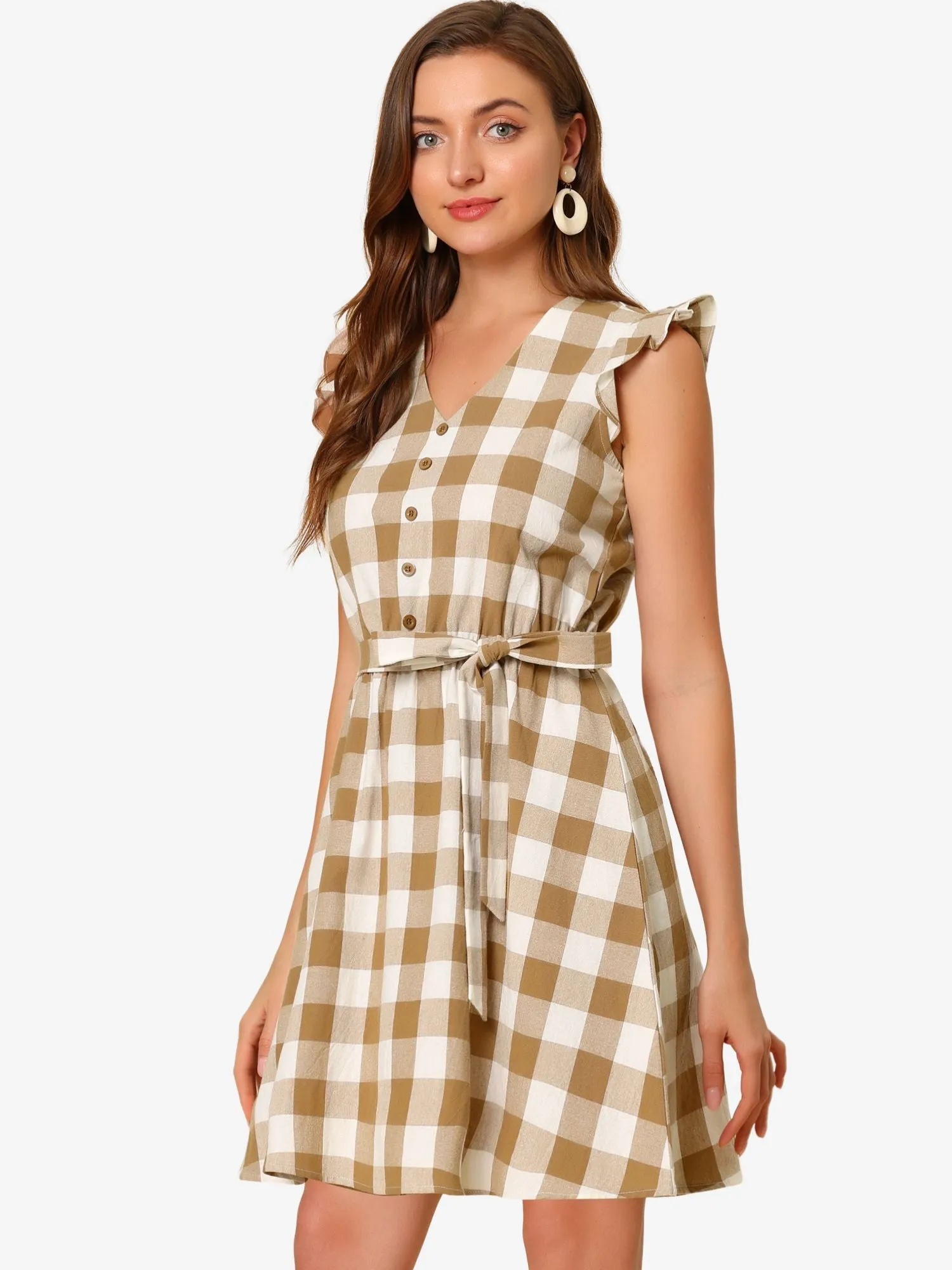 Casual Plaids Ruffled Sleeve A-Line Gingham Check Dress