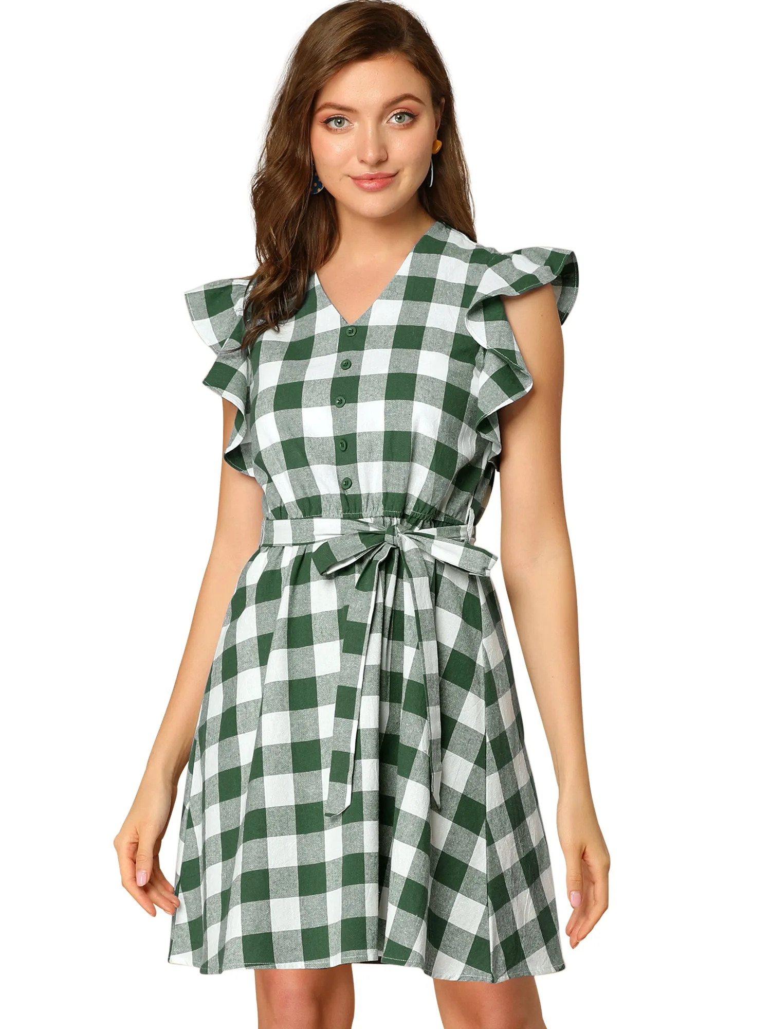 Casual Plaids Ruffled Sleeve A-Line Gingham Check Dress