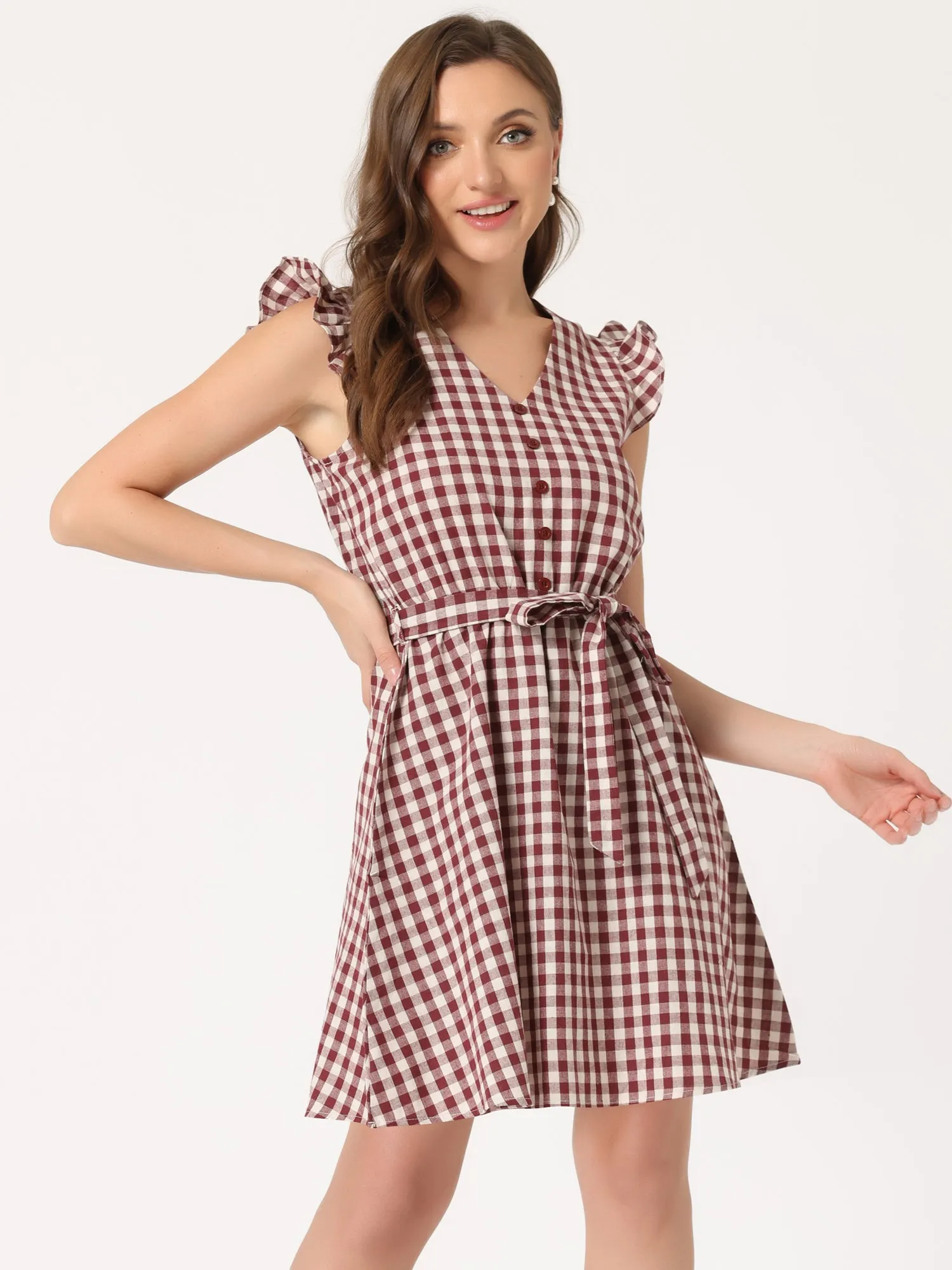 Casual Plaids Ruffled Sleeve A-Line Gingham Check Dress