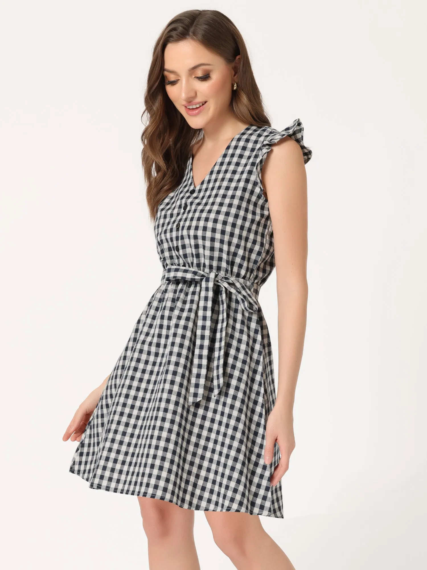 Casual Plaids Ruffled Sleeve A-Line Gingham Check Dress